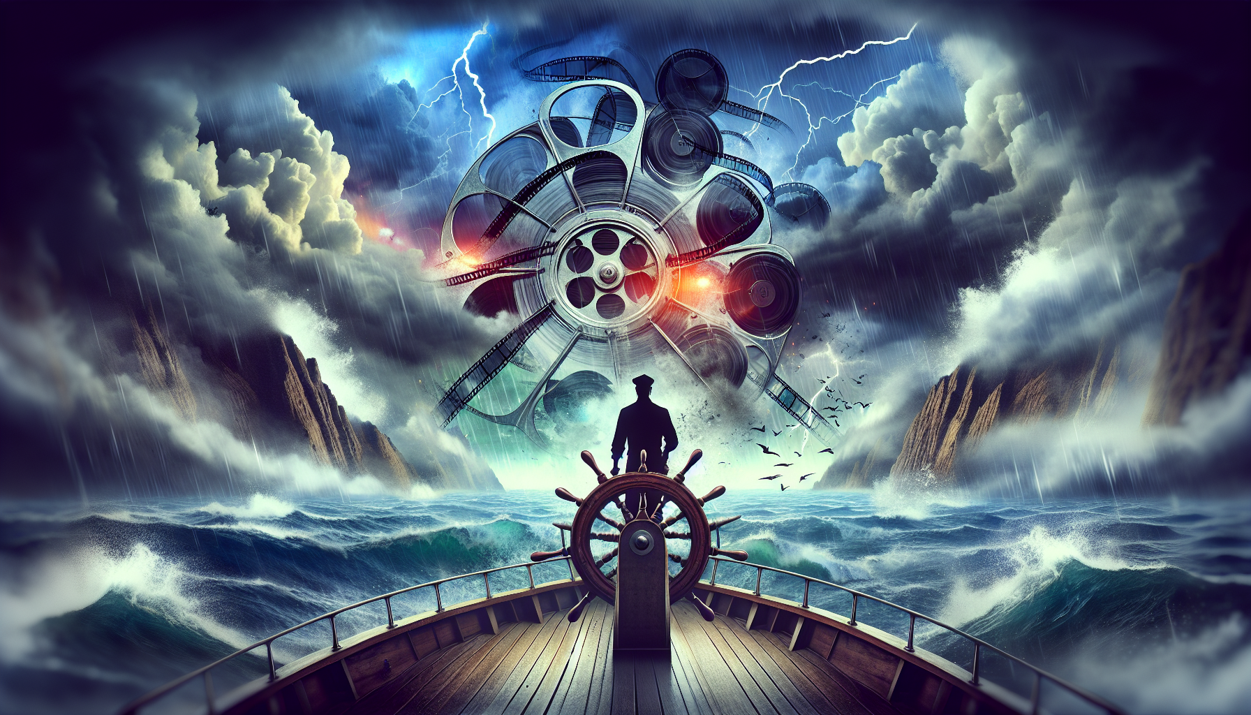 Create a digital artwork of a vintage ship's steering wheel transitioning into a movie film reel against a stormy ocean backdrop, symbolizing a filmmaker navigating through tumultuous waters. Include