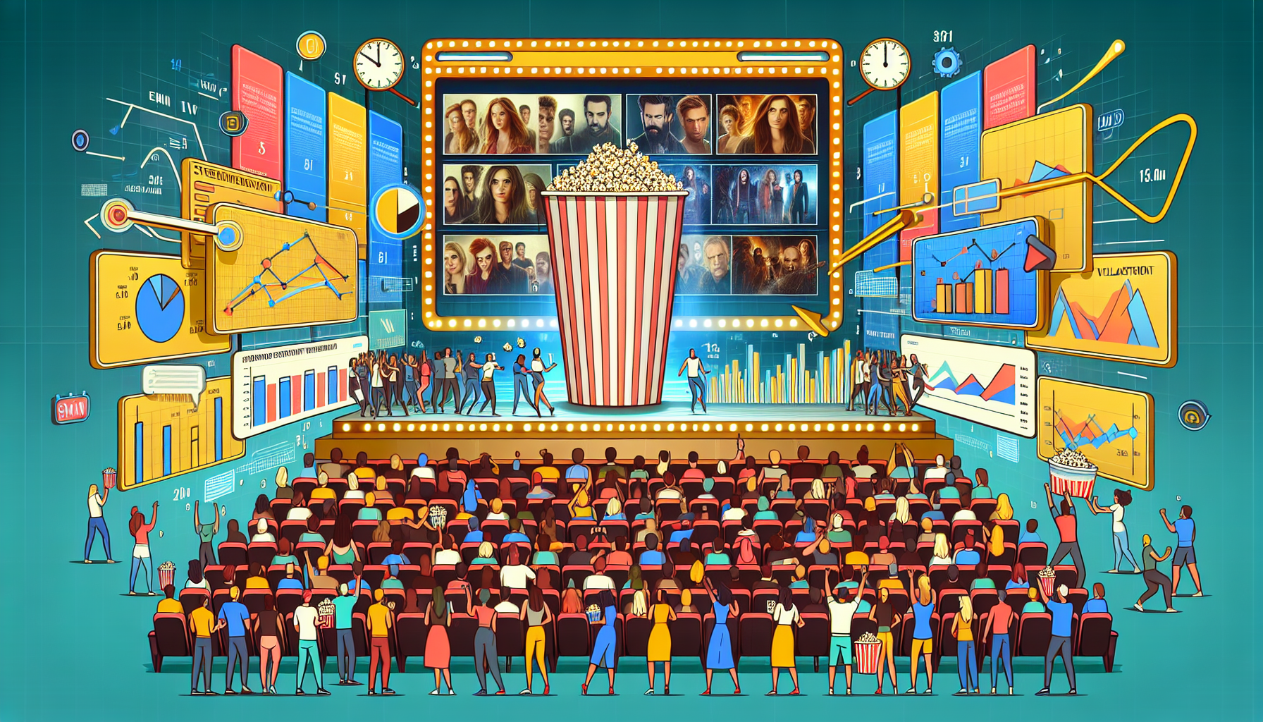 Create an image depicting a vibrant cinema-style setting with a large Netflix screen showcasing various diverse and unexpected hit show thumbnails, surrounded by excited audience members engaging with