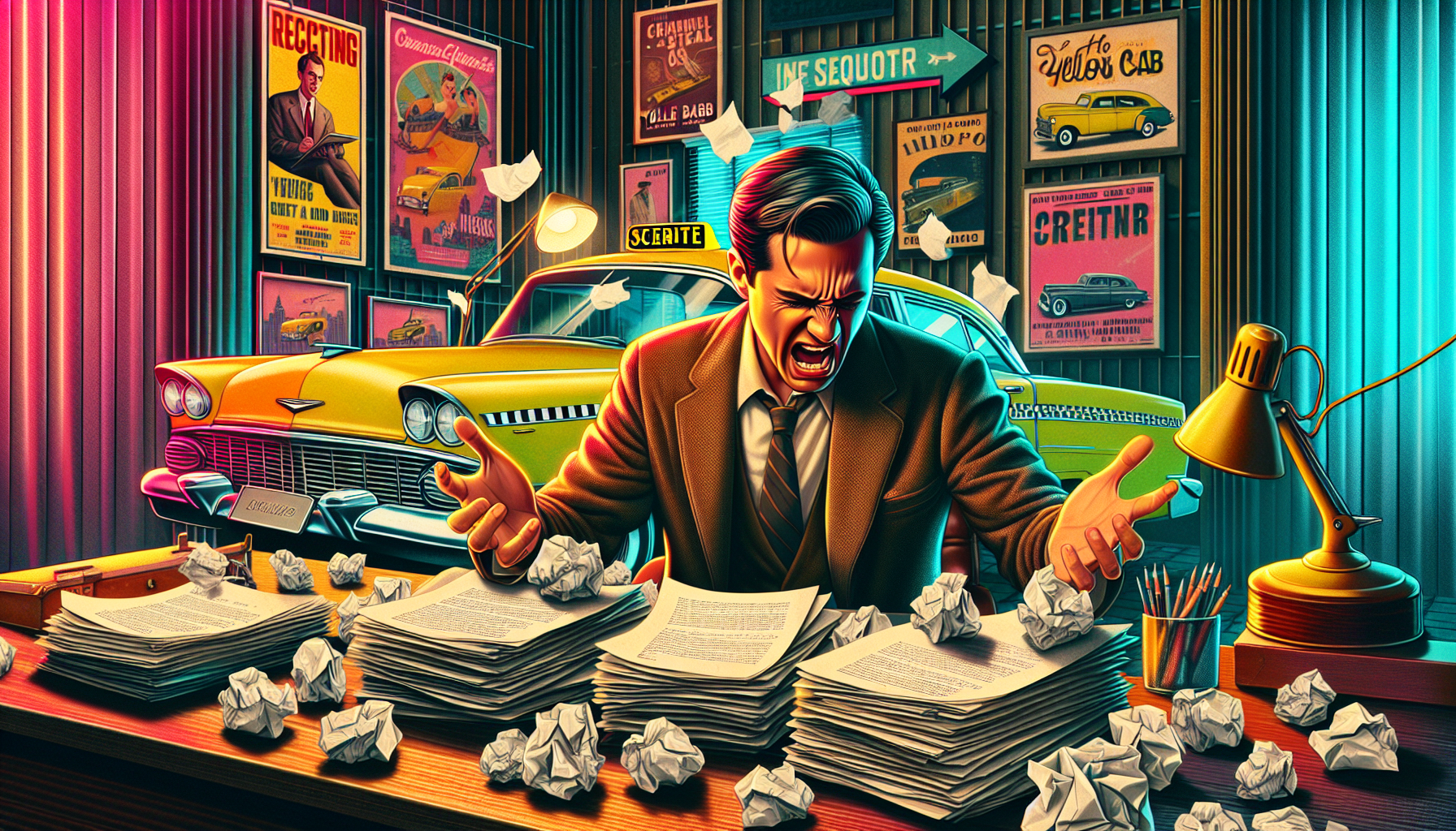 Digital artwork depicting a frustrated Paul Schrader in a dimly lit vintage office, surrounded by crumpled paper and posters of the original 'Taxi Driver' movie, vehemently rejecting scripts and ideas