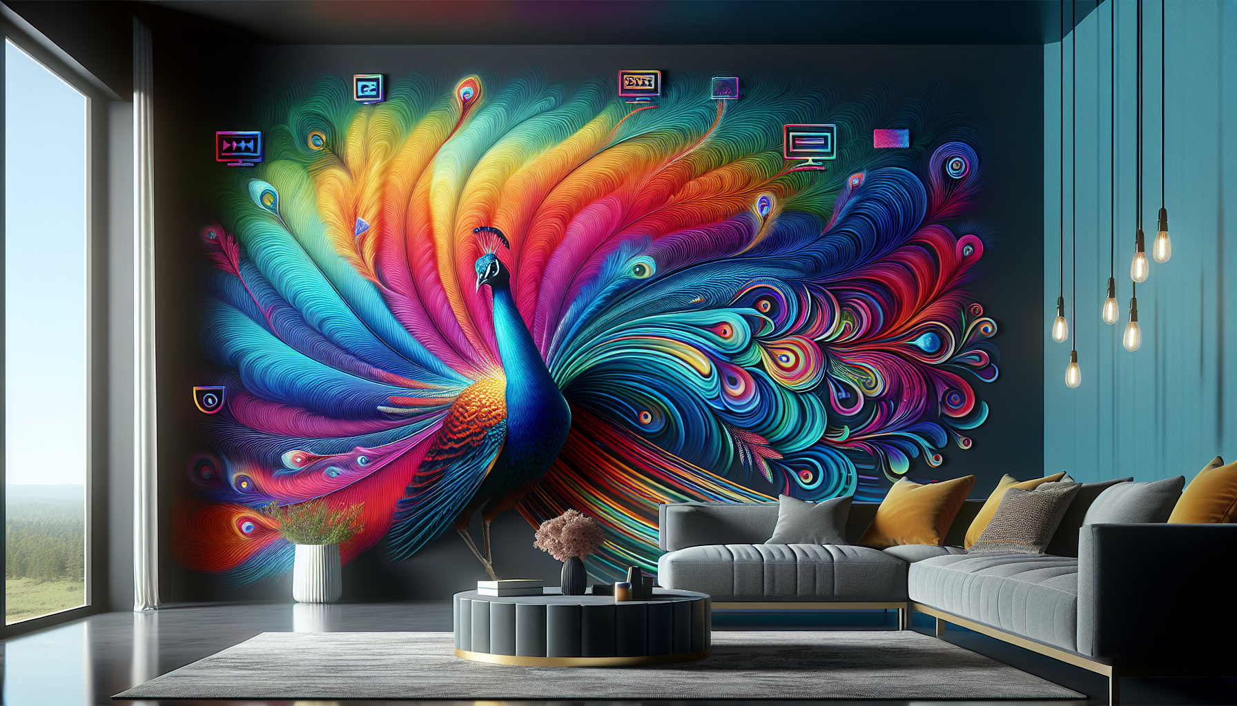 Digital artwork of a vibrant peacock whose feathers transition into various streaming interface screens, including Netflix, Peacock, and Apple TV, symbolizing the integration of these services, set ag