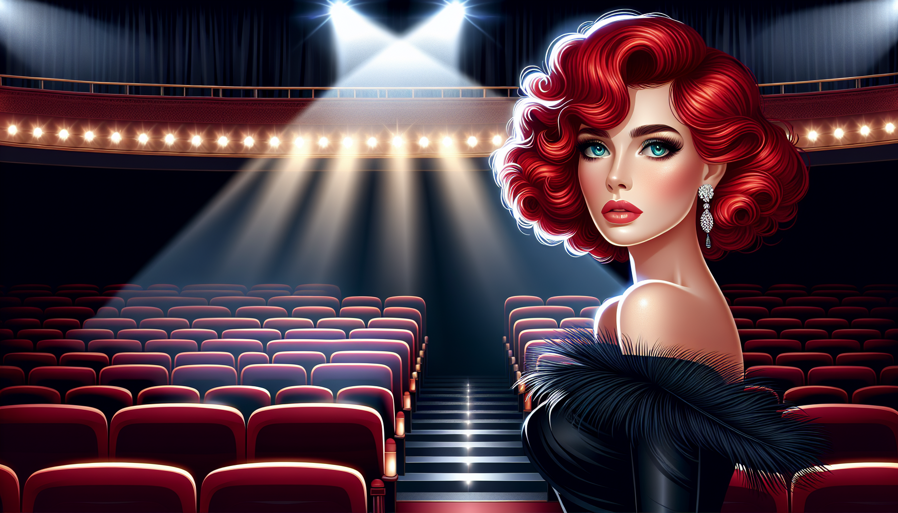 Create a digital artwork of a stylish Nicole Kidman in an elegant theater, standing under a spotlight with rows of plush red cinema seats surrounding her, referencing her iconic AMC advertisement look
