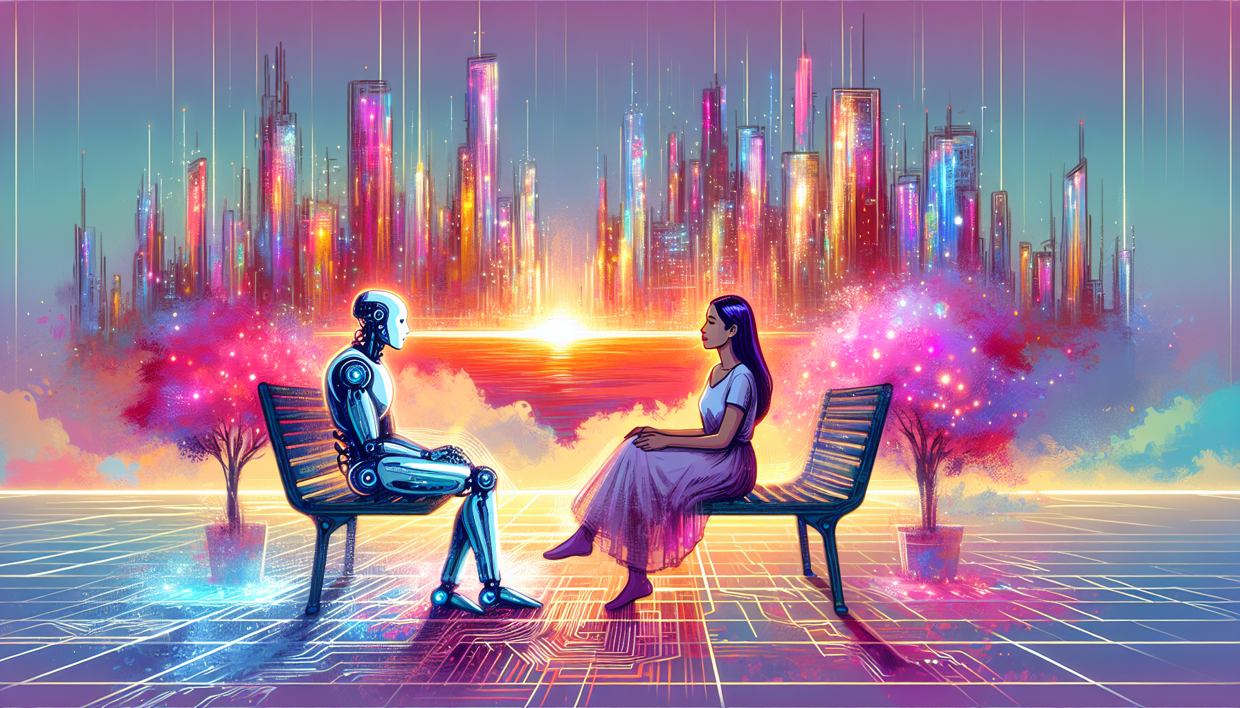 A whimsical, digital illustration showing a futuristic cityscape at sunset, where a diverse couple, consisting of a humanoid robot and a human, are sharing an intimate moment on a floating park bench,