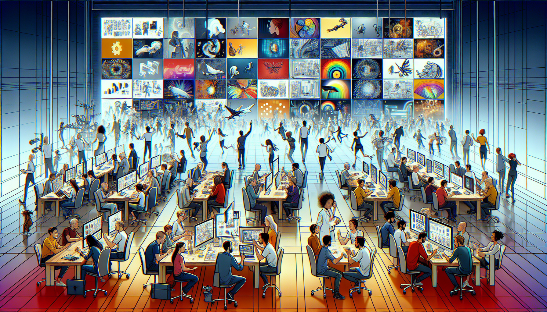 A digital painting of a modern, bustling animation studio, filled with diverse animators and artists brainstorming and designing around large screens displaying classic and modern animated characters.