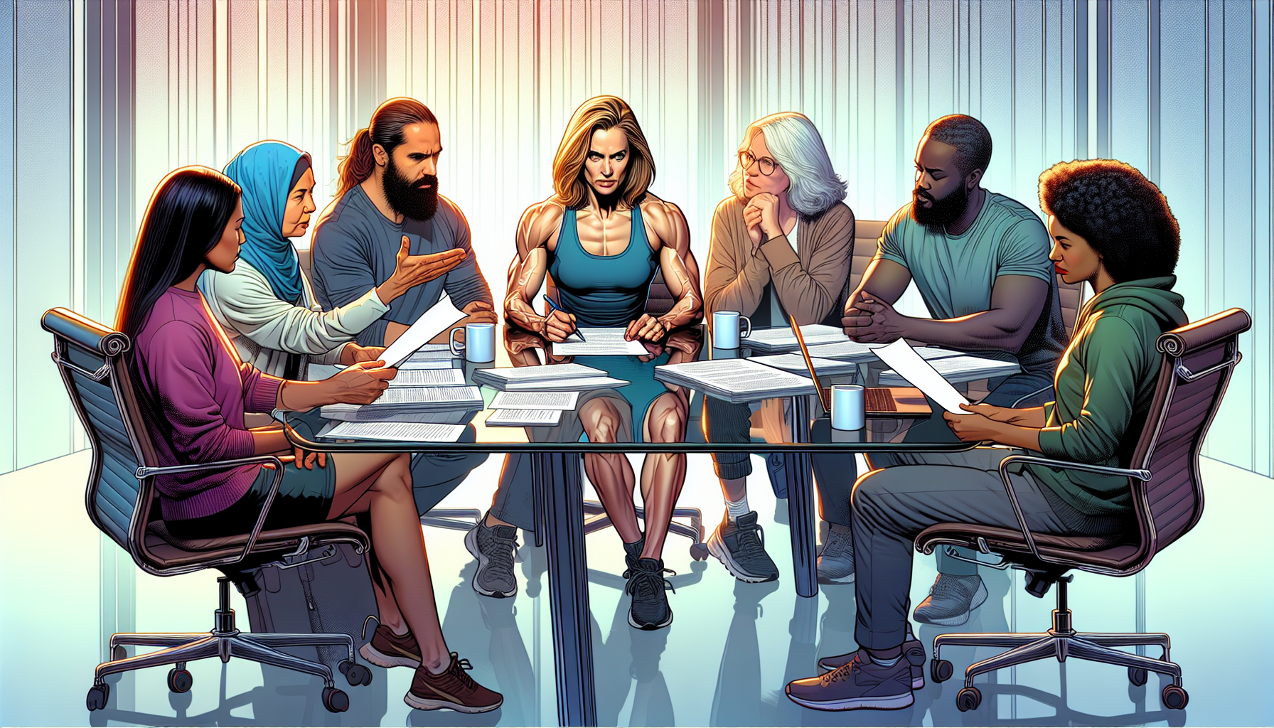 A close-up digital painting of a focused Ronda Rousey discussing script coverage with a diverse group of screenwriters around a modern, glass table filled with scripts, laptops, and coffee mugs in a c