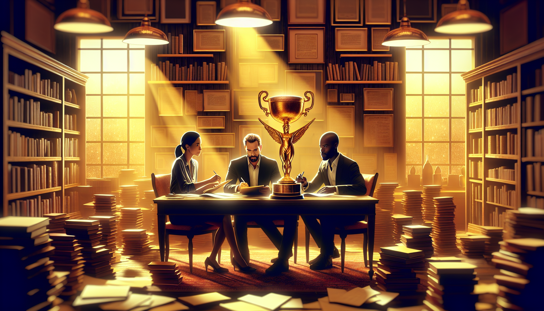 An elegant, vintage-inspired office with scattered screenplays and a golden trophy, depicting three diverse screenwriters in deep discussion under a soft, warm light.