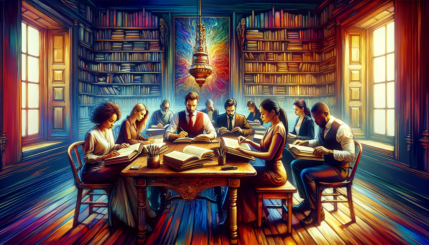 A vibrant, artistic depiction of a diverse group of writers gathered around a large, antique wooden table, each displaying their unique manuscripts with visible titles. The scene is set in an elegant,