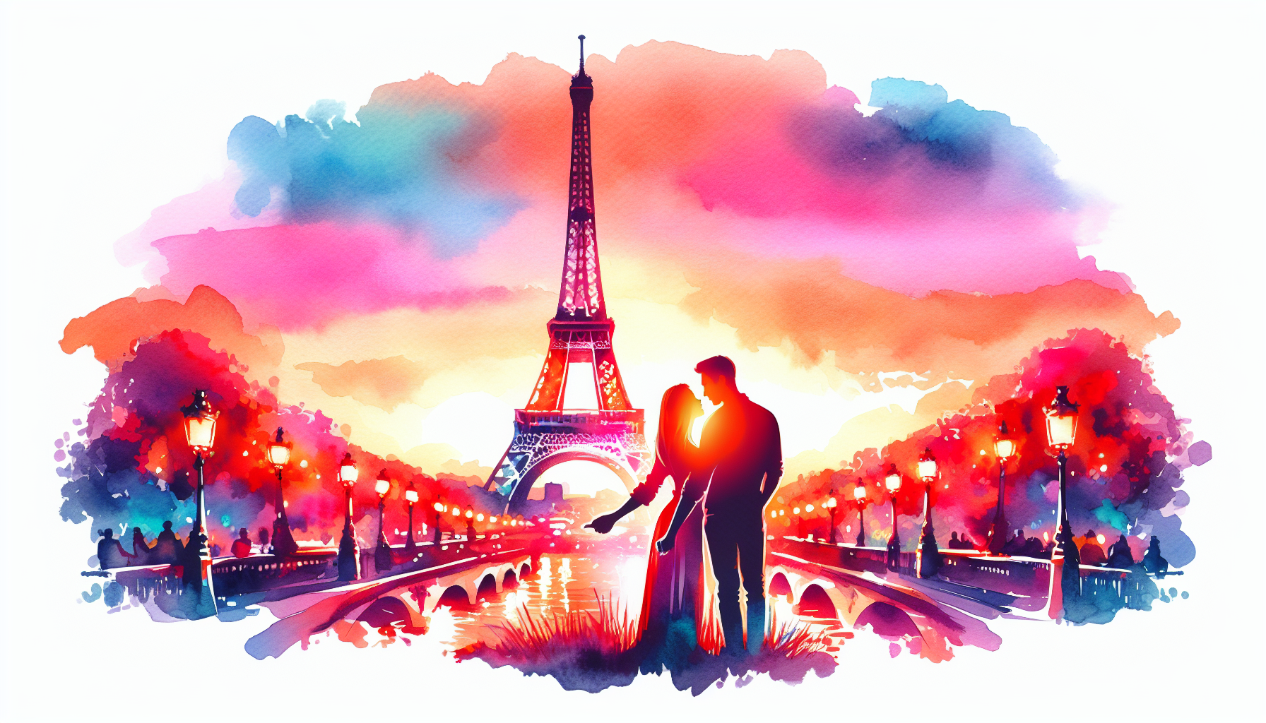 Create an image of a picturesque sunset by the Eiffel Tower with a couple holding hands, reflecting a romantic movie scene, capturing both the grandeur of the location and the intimacy of the moment,