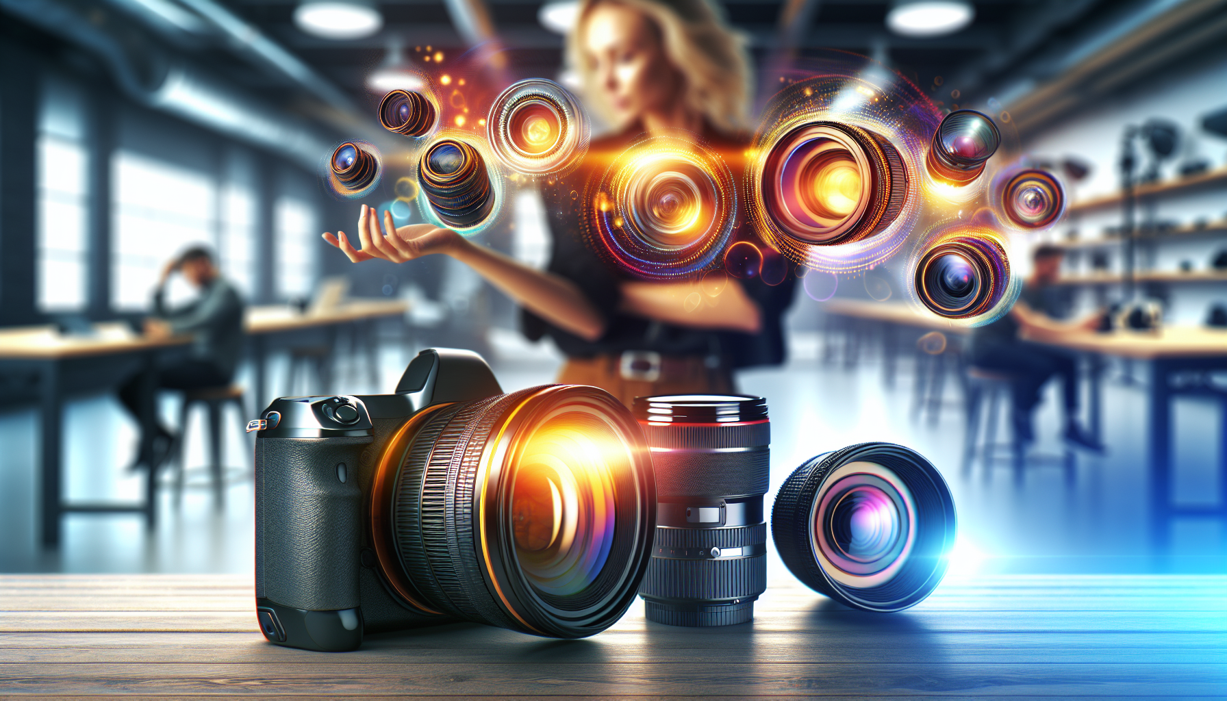 An artistic representation of a photographer holding three Sigma Art lenses, with a blurred background featuring Sony E-mount cameras, set in a vibrant, modern photography studio.