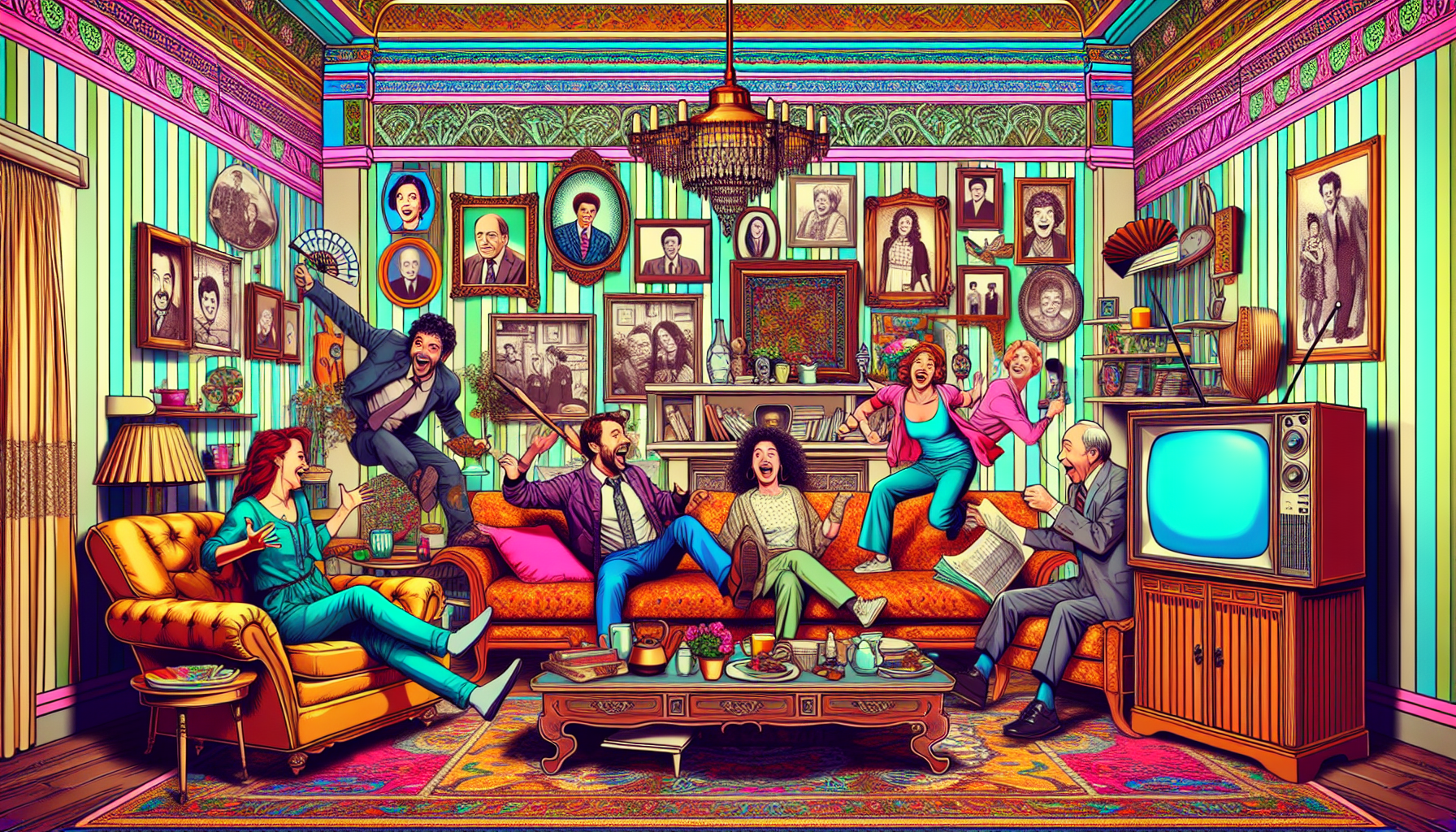 Create an image of a cozy, colorful living room set with an eclectic mix of furniture and decorations, exuding a classic sitcom vibe. Show a dynamic group of diverse characters in the middle of a humo