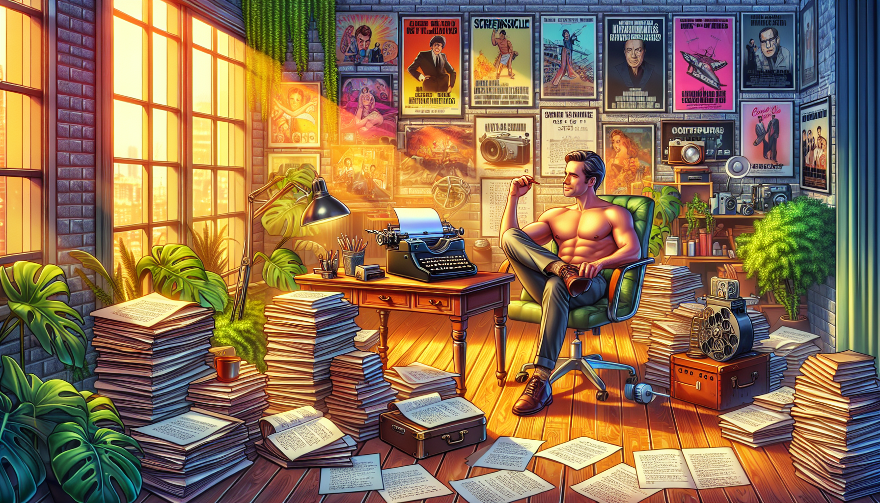 An artistically decorated home office filled with film posters, a vintage typewriter, stacks of screenplay manuscripts, and a relaxed Brian Burns brainstorming his next blockbuster, surrounded by lush