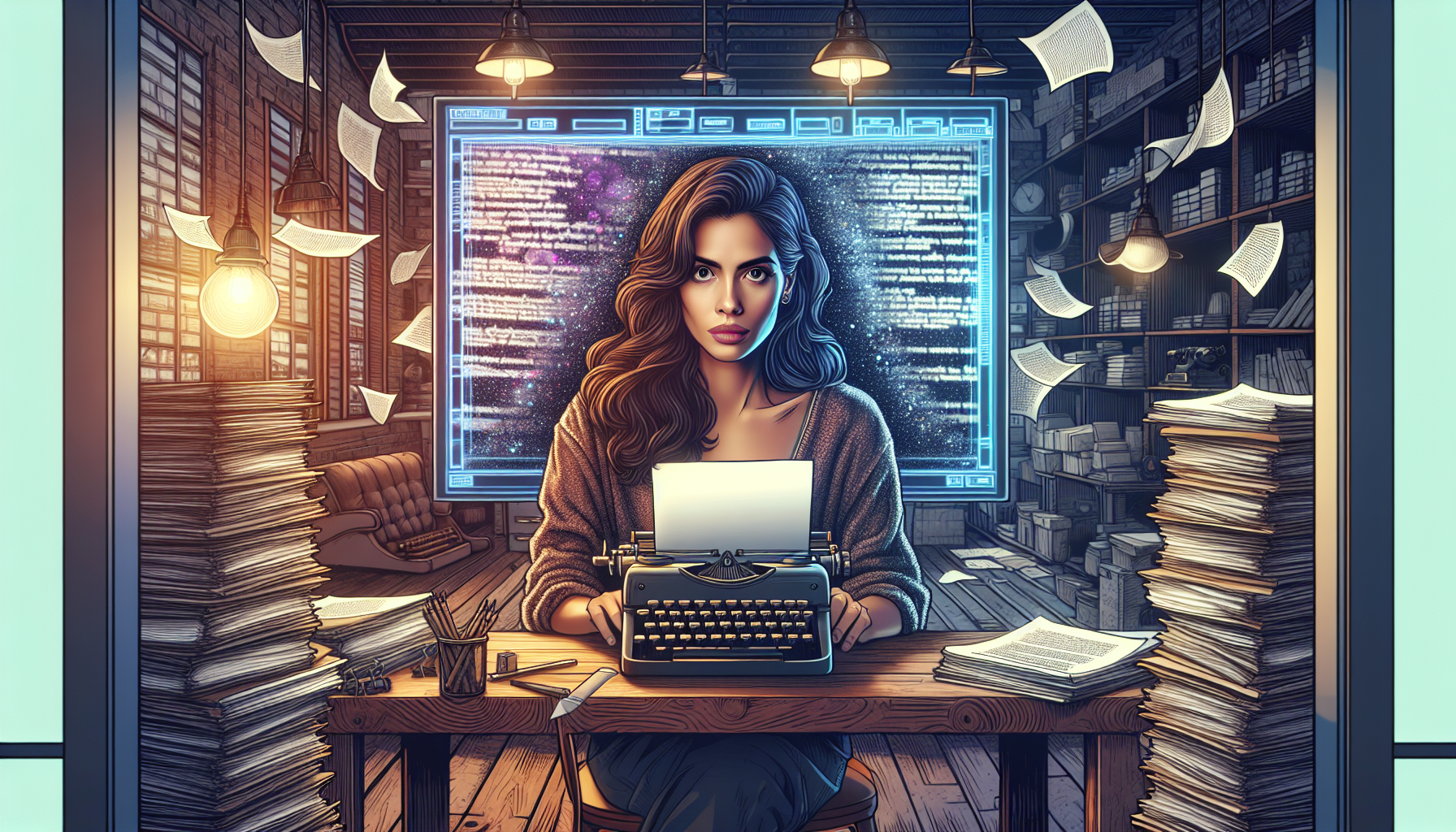 Portrait of a focused female screenwriter, Michaela, sitting in a cozy, well-lit studio surrounded by stacks of scripts and a vintage typewriter, her gaze intently fixed on a floating digital screen d
