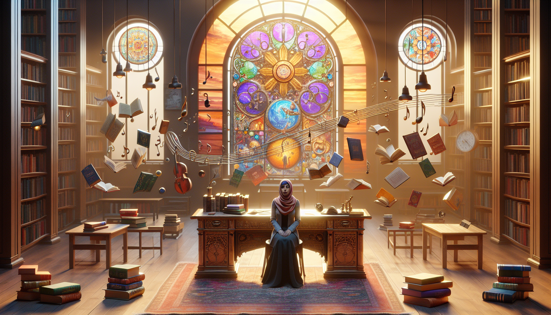 A whimsical library setting where an author sits at a large, old wooden desk, surrounded by floating musical notes and colorful book spines, each labeled with different literary genres like sci-fi, ro