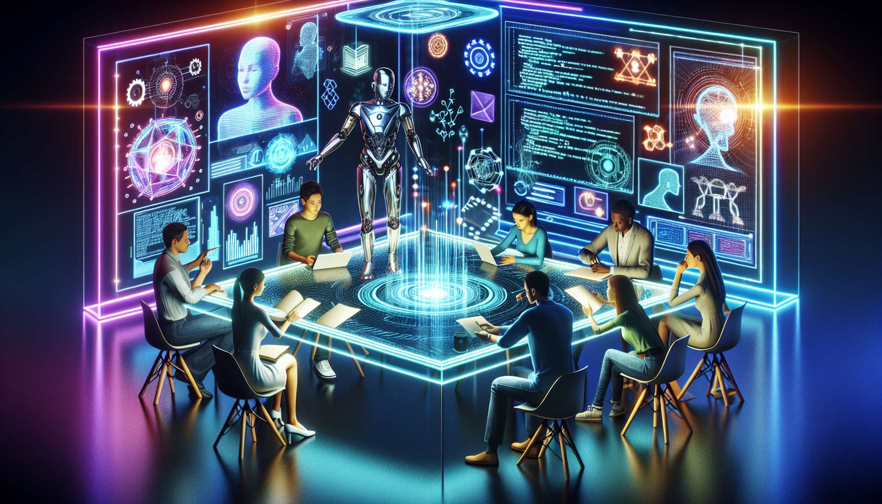 An imaginative scene depicting a futuristic room where a humanoid robot and a diverse group of screenwriters sit around a high-tech, holographic table, collaboratively brainstorming and visualizing a