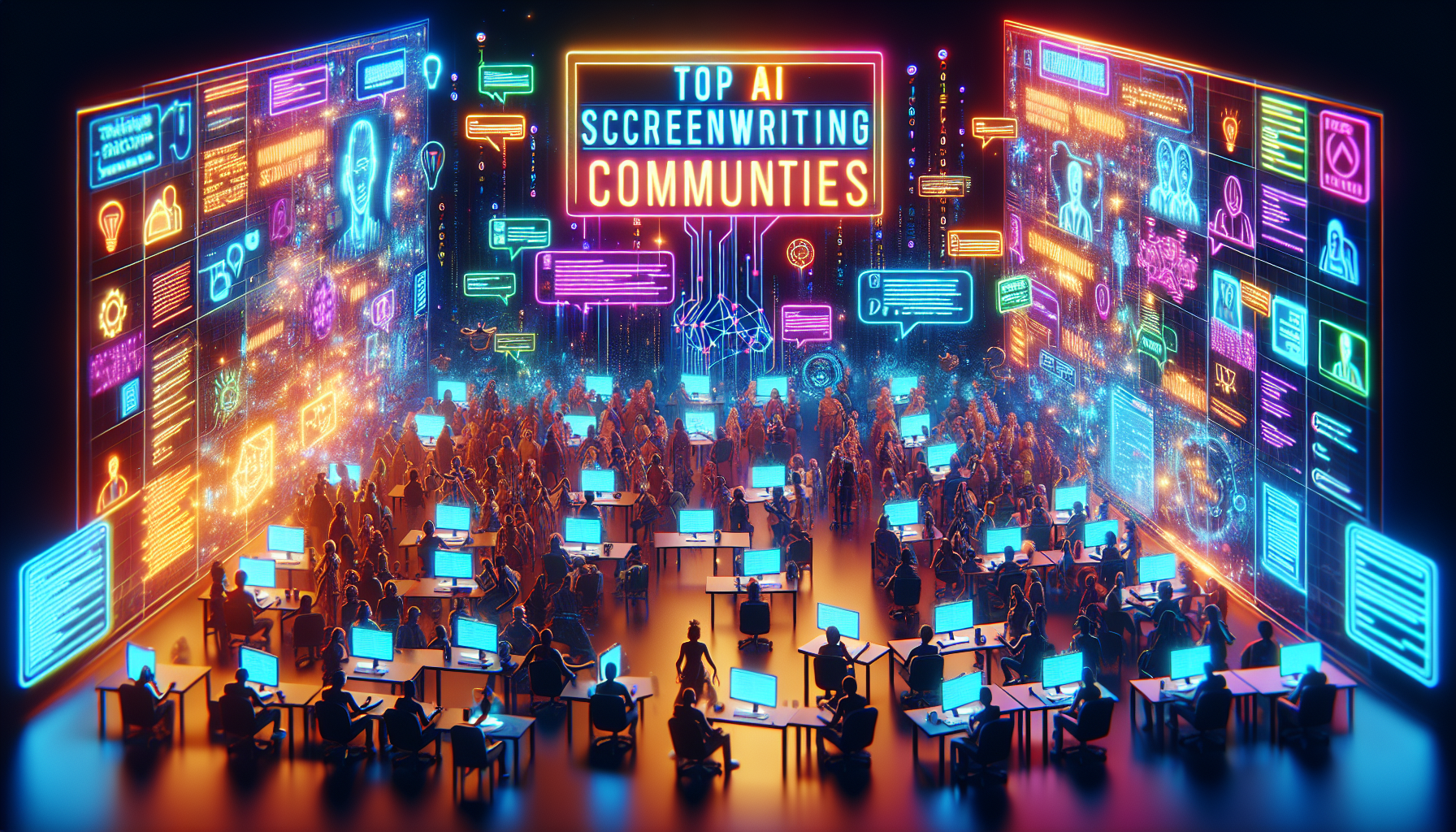 Create a digital artwork of a vibrant, futuristic online forum bustling with activity. Show diverse virtual avatars representing screenwriters, each from different cultural backgrounds, engaged in ani
