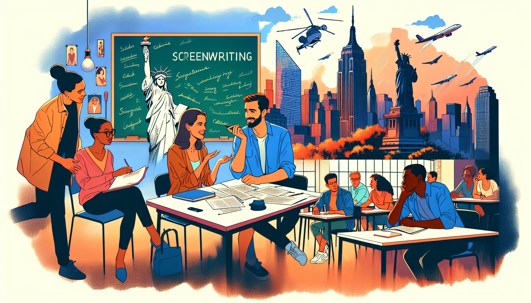 An illustrative montage of diverse people engaged in different screenwriting classes around New York City, showcasing a vibrant classroom setting, students brainstorming ideas, one-on-one mentorship s