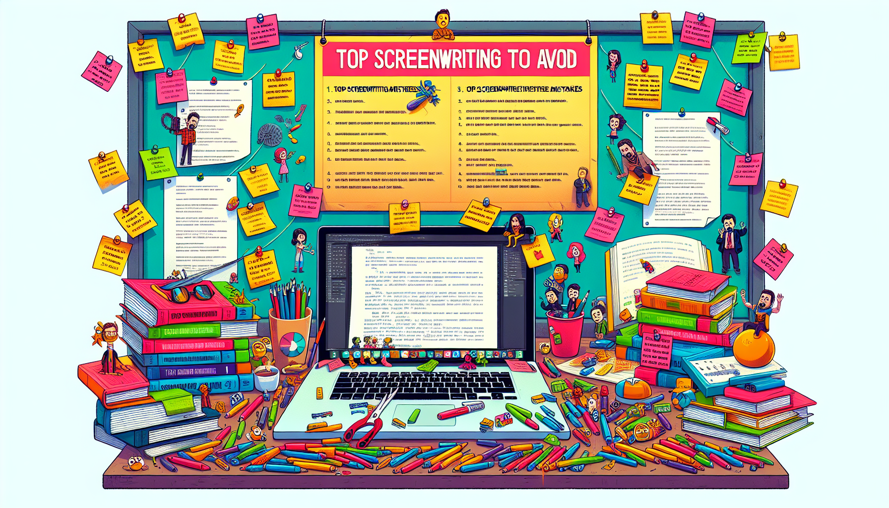 An artist's vibrant and whimsical illustration of a cluttered screenwriter's desk, featuring scattered screenplay drafts with visible corrections, a glowing laptop displaying screenwriting software, b