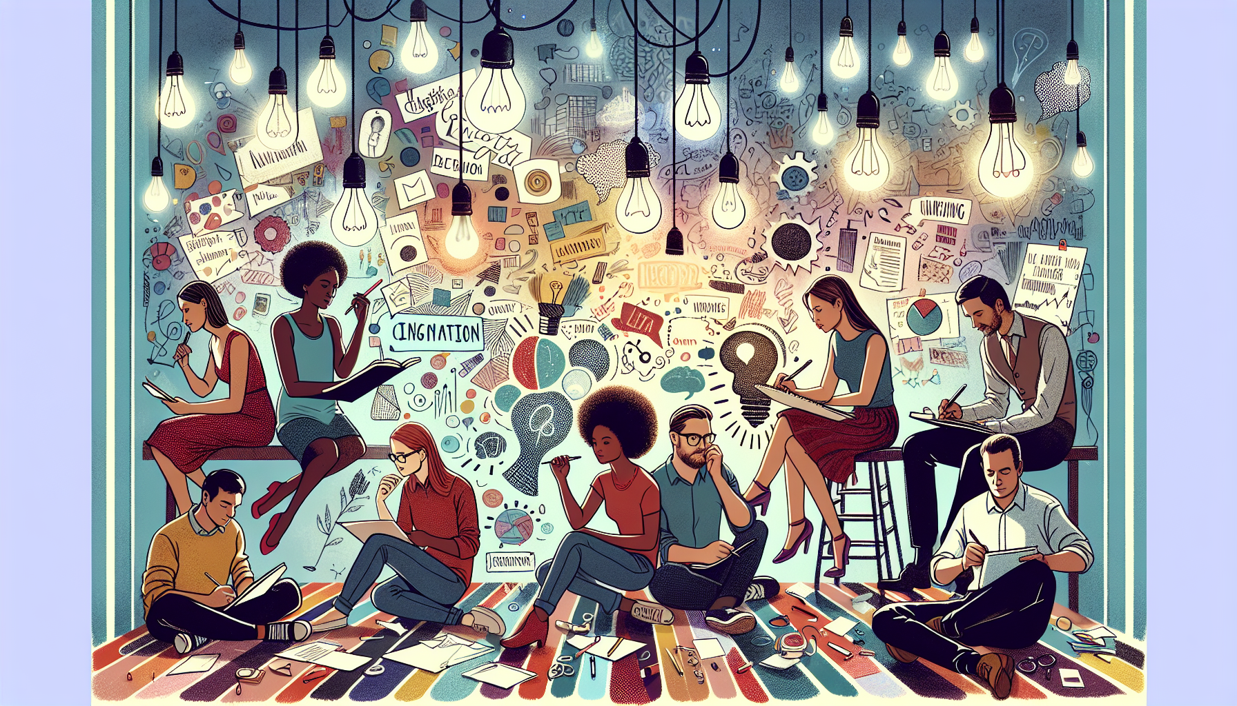 A whimsical artist's studio bustling with activity, featuring a diverse group of people in various stages of brainstorming and writing, surrounded by floating light bulbs symbolizing inspiration, amid