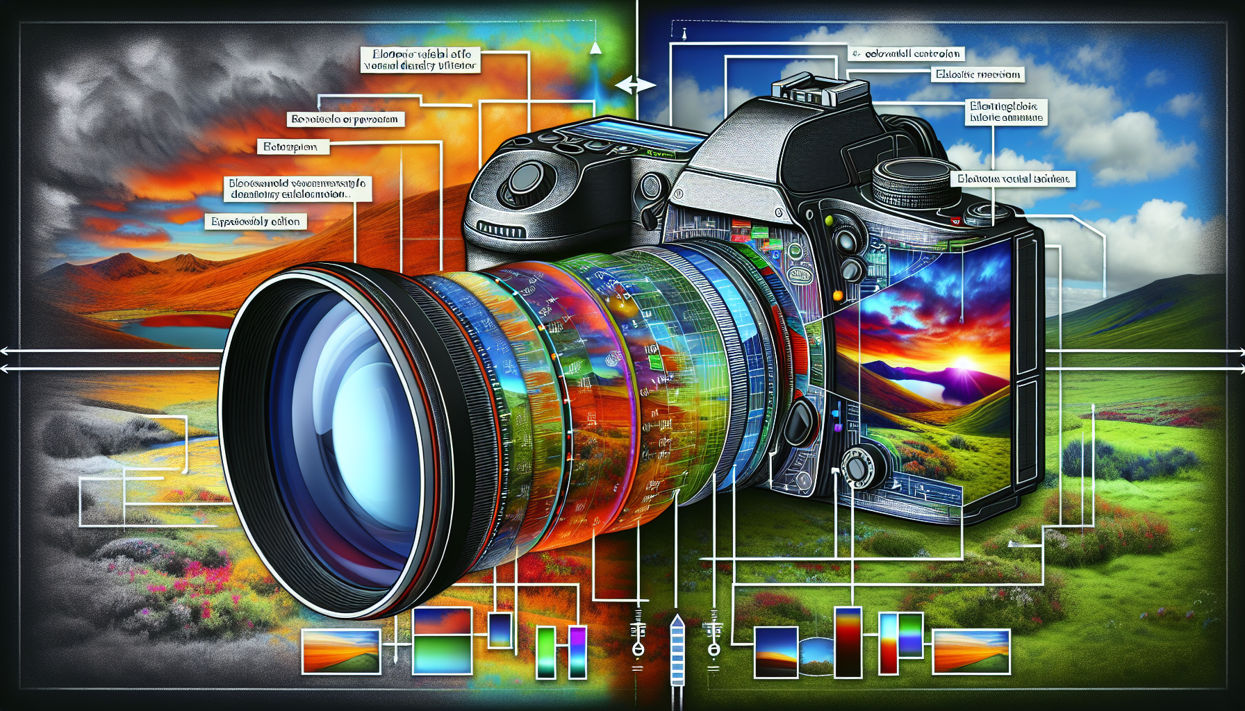 Create a detailed illustration showcasing the functionality of Electronic Variable Neutral Density (EVND) filters. The image should feature a high-quality camera with an EVND filter attached to the le