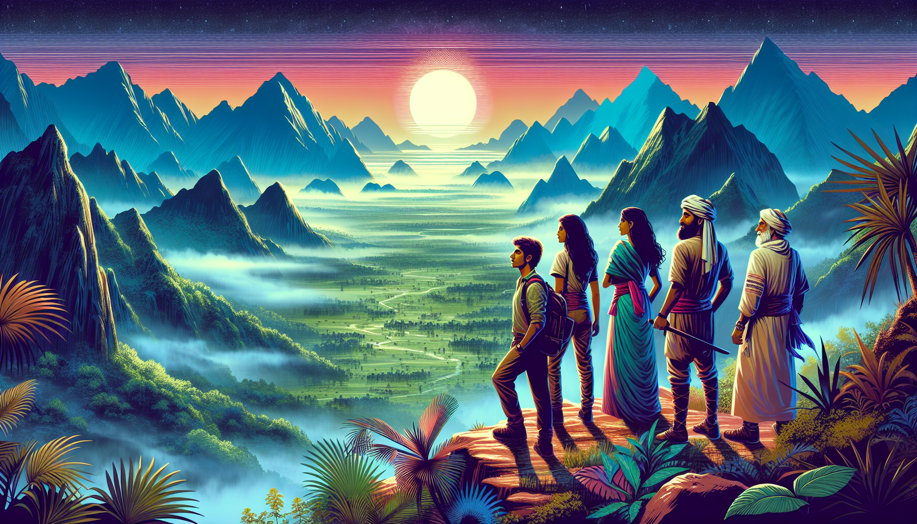An artist's vibrant interpretation of a scene from a fictional adventure movie, featuring a diverse group of explorers standing on a mist-covered mountain peak, overlooking a lush, undiscovered valley