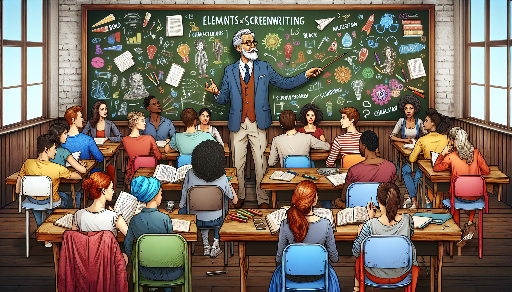 An imaginative classroom setting with diverse students of different ethnicities, sitting at antique wooden desks, deeply engaged in learning as an elderly, distinguished professor, animatedly teaches screenwriting essentials using a large, vintage blackboard filled with colorful notes and diagrams about character development and plot structure.