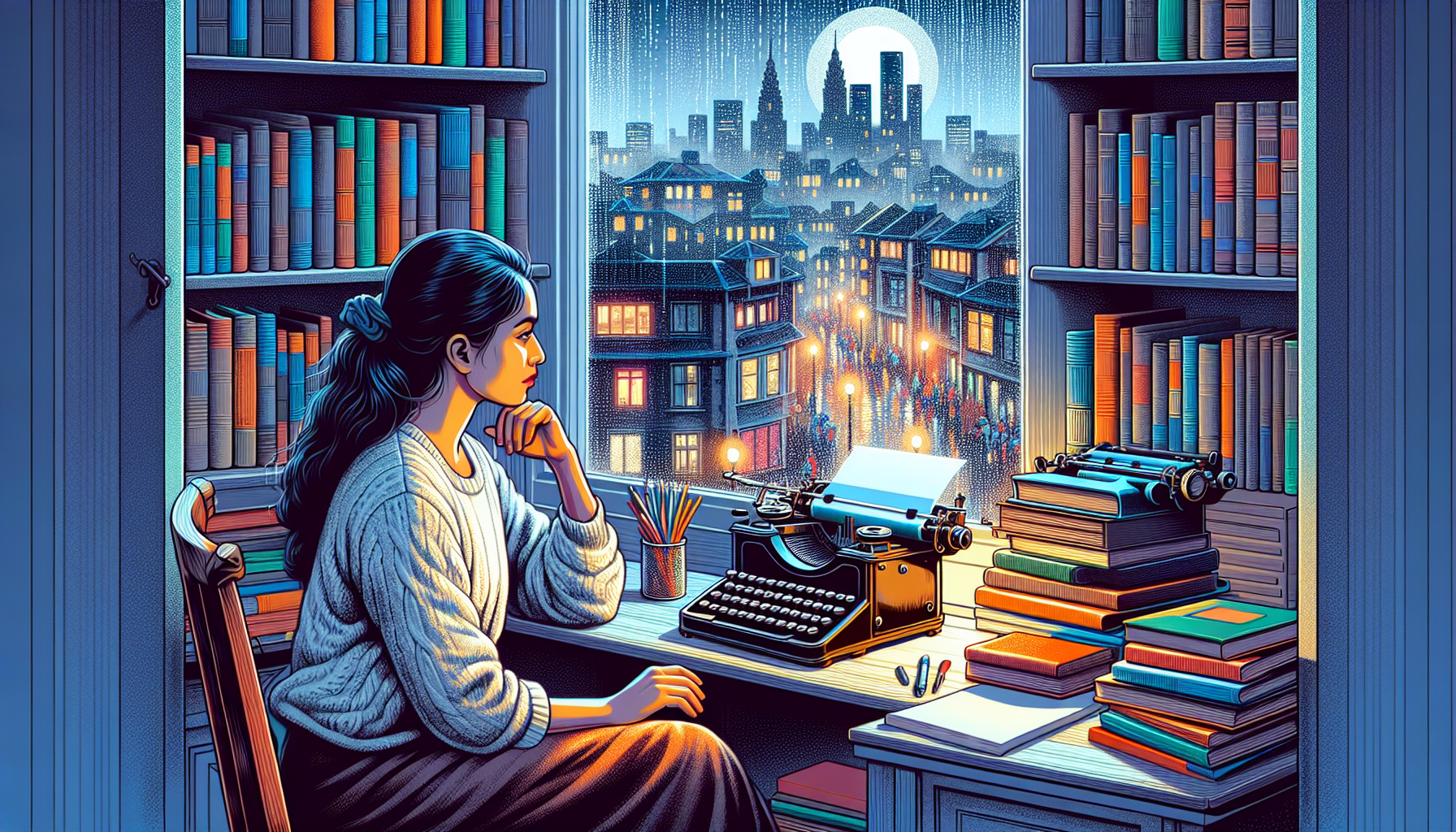An artist in a cozy, dimly lit study filled with books and vintage typewriters, thoughtfully gazing out a rain-streaked window that overlooks a bustling cityscape at twilight.
