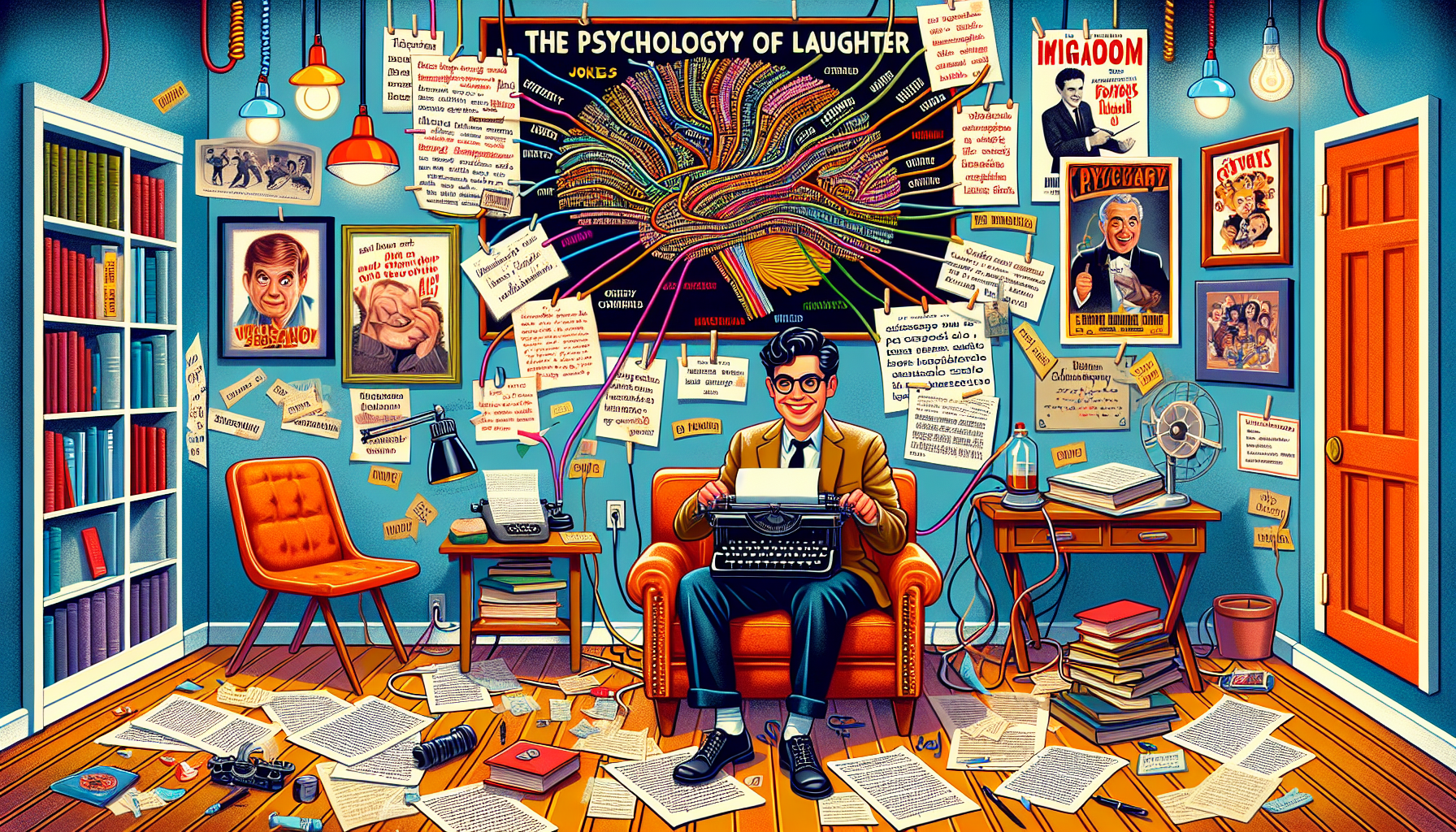 A cozy and imaginative writing room with a whimsical, vintage typewriter, papers scattered with notes about jokes and comedic timing. On the wall, a large, colorful mind map detailing the psychology o
