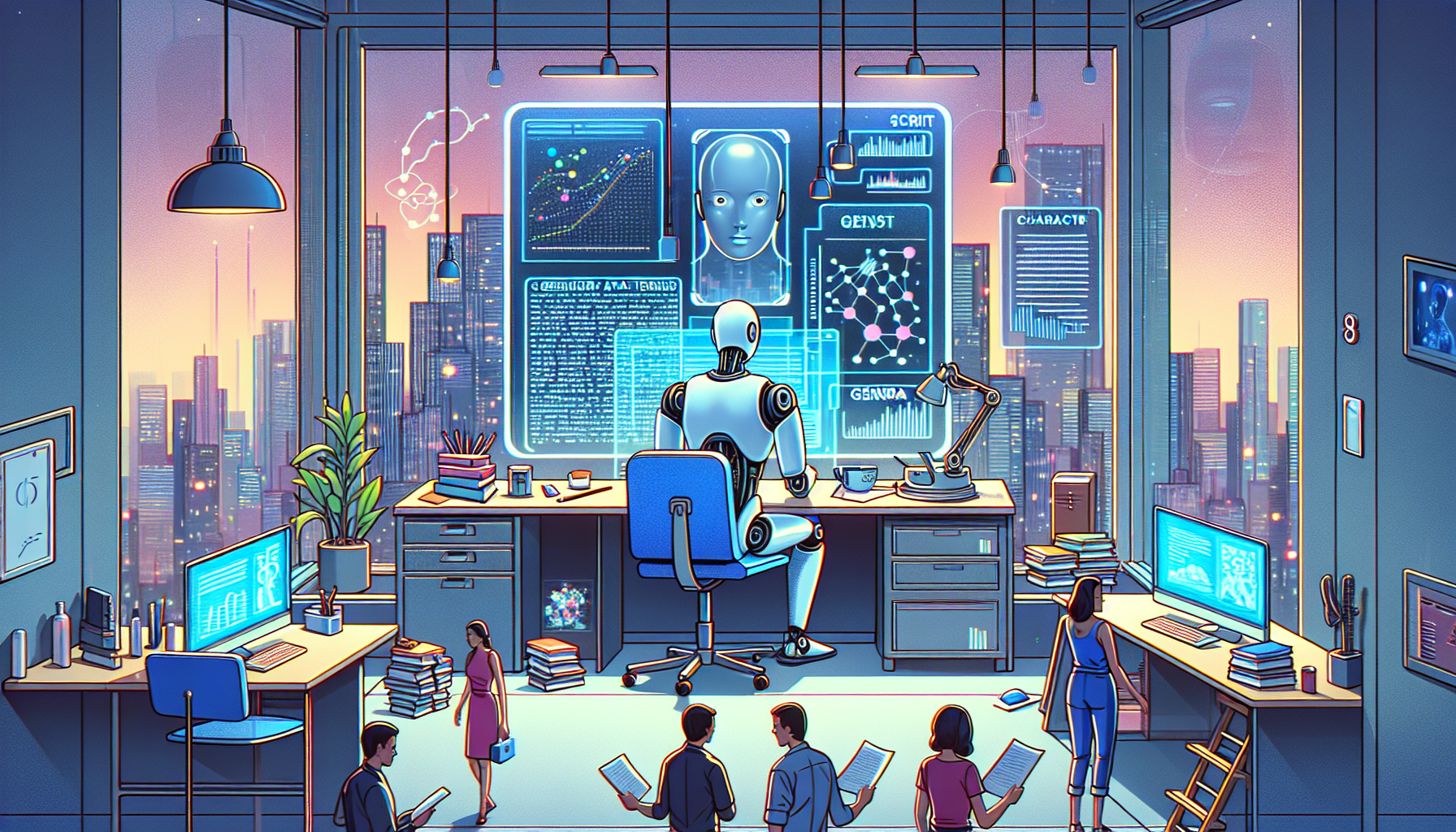 A futuristic AI robot sitting at a cluttered desk, analyzing multiple film scripts surrounded by digital holographic screens displaying script analytics, genre patterns, and character development grap