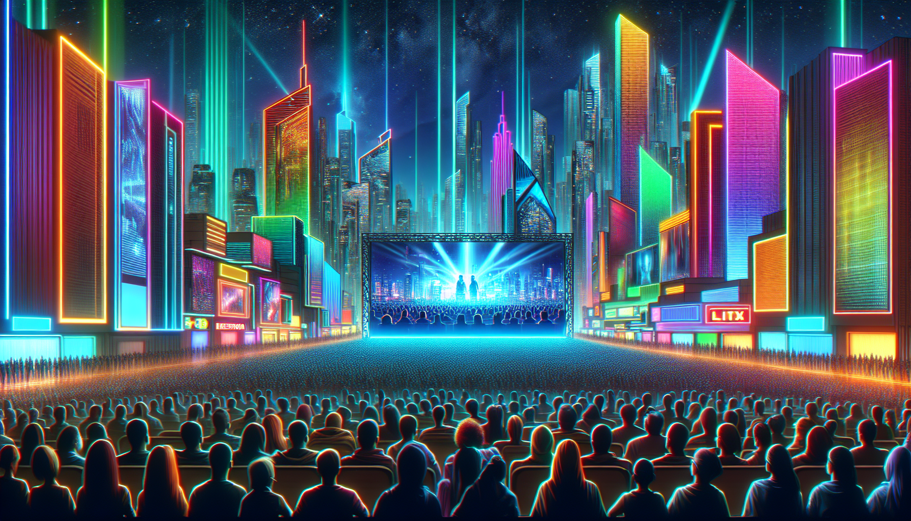 A futuristic cityscape at night, illuminated by neon lights, with holograms projecting from skyscrapers and a crowd watching an open-air cinema screen showing a montage of iconic dystopian films.