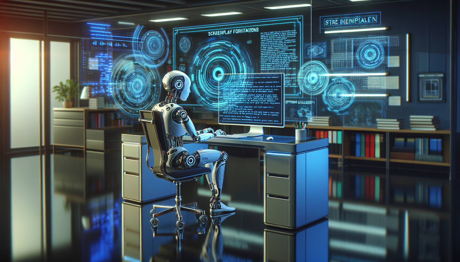 An AI robot typing a screenplay on a futuristic computer in a high-tech office, with screenplay formatting guidelines floating as holograms above the desk.