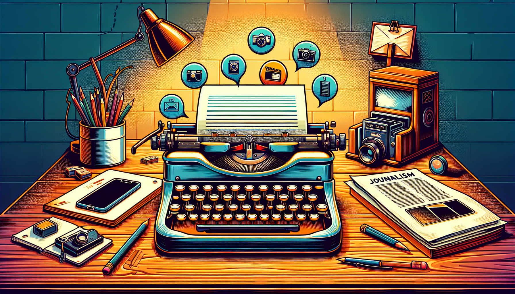 An artistic representation of a vintage typewriter on an old wooden desk with a sheet of paper featuring the word 'Slugline' prominently at the top, surrounded by colorful floating icons symbolizing j