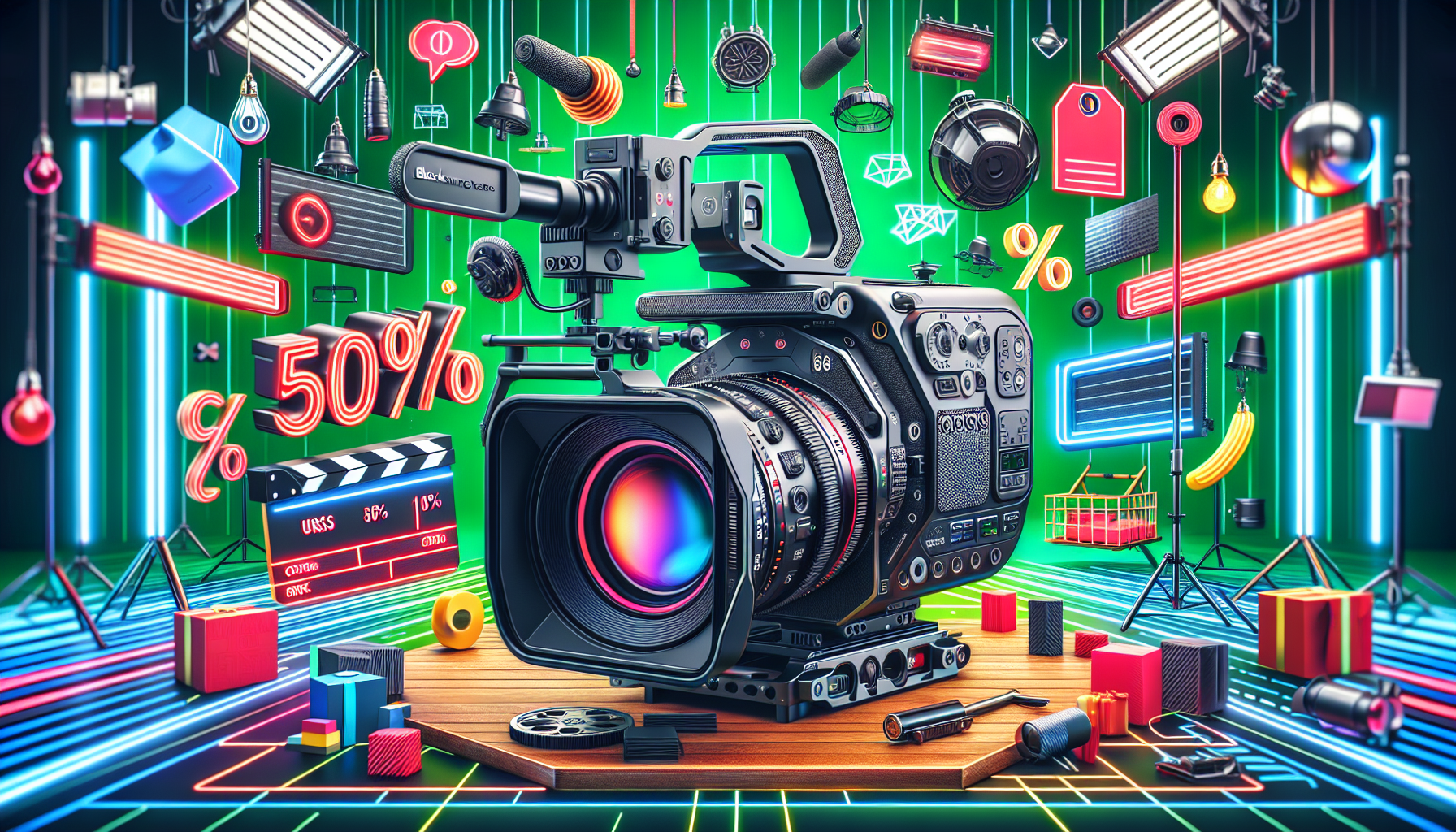 An image of the Blackmagic URSA Mini Pro 4.6K G2 camera prominently displayed, with its features and sleek design highlighted. Surrounding the camera, bold text reads '50% OFF' in eye-catching letters