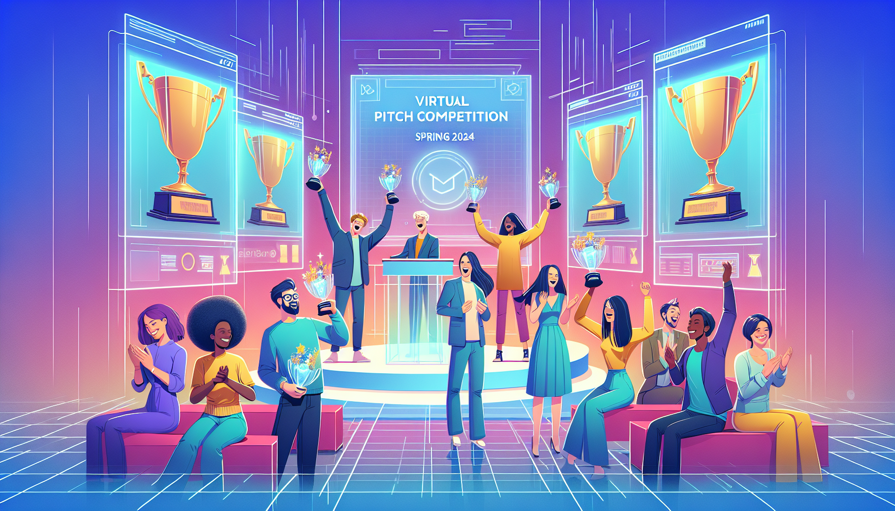 Digital award ceremony of the Spring 2024 ScreenCraft Virtual Pitch Competition, with diverse group of filmmakers celebrating while holding virtual trophies on a futuristic, holographic stage.