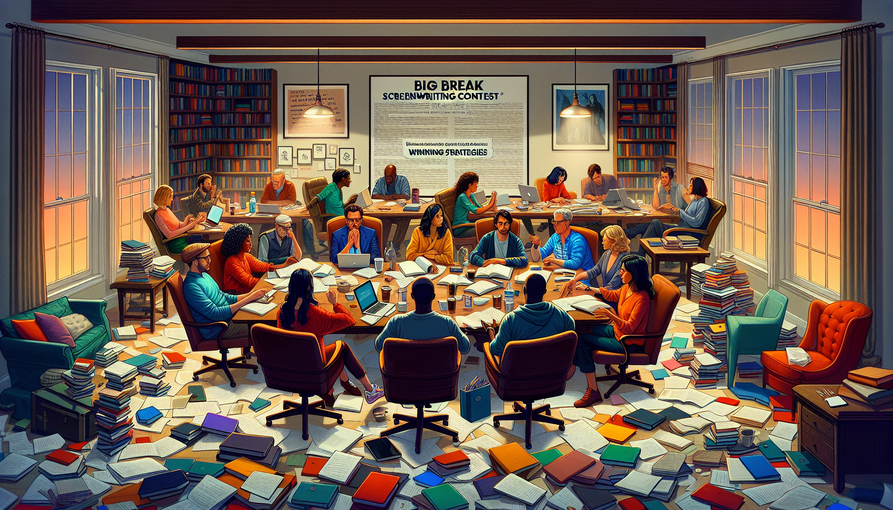 An artistically stylized image of a diverse group of people sitting around a large, cluttered table filled with scripts, notebooks, and laptops, deeply engrossed in discussion and writing, under soft,