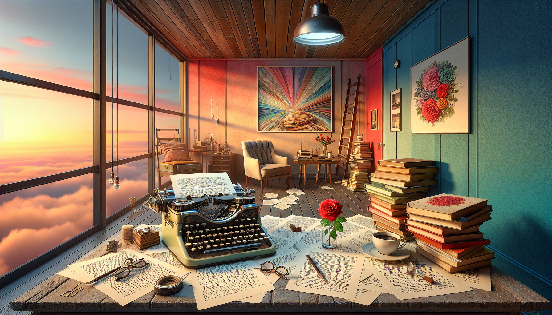 An artist's studio with an open vintage typewriter, sheets of paper scattered around, each filled with snippets of romantic dialogues. Soft lighting highlights a stack of classic love story novels, a
