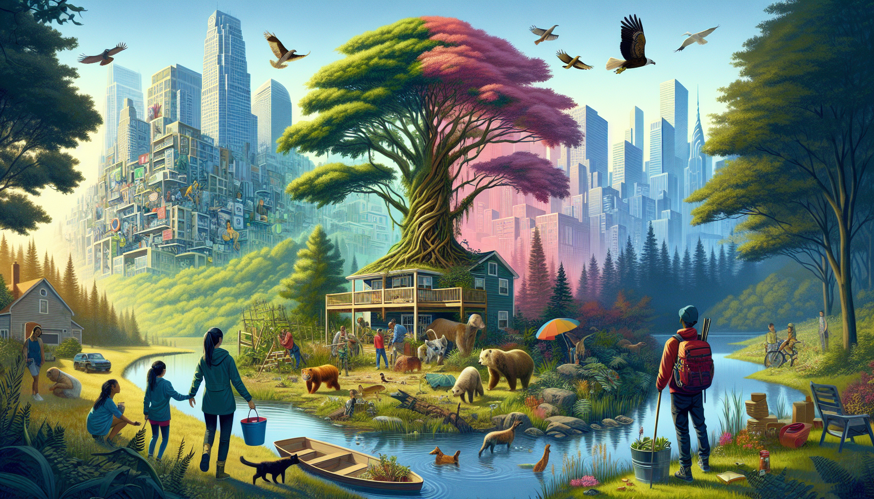 Create an artistic scene showcasing a variety of story ideas, where human interaction with nature is depicted through various vignettes. Include elements such as a conservationist saving endangered an