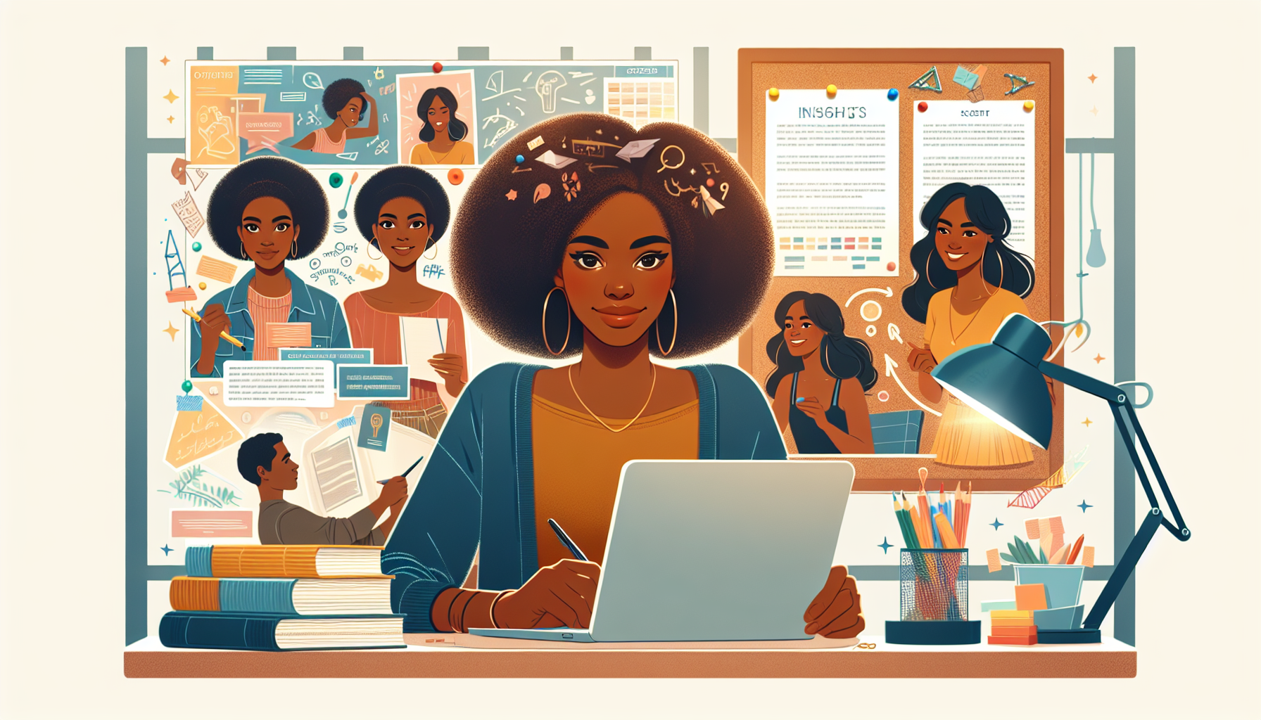 Create an illustration featuring Quinta Brunson in a cozy, bright writer's room surrounded by notes, scripts, and a laptop. Capture her expressions changing from thoughtful concentration to joyful eur