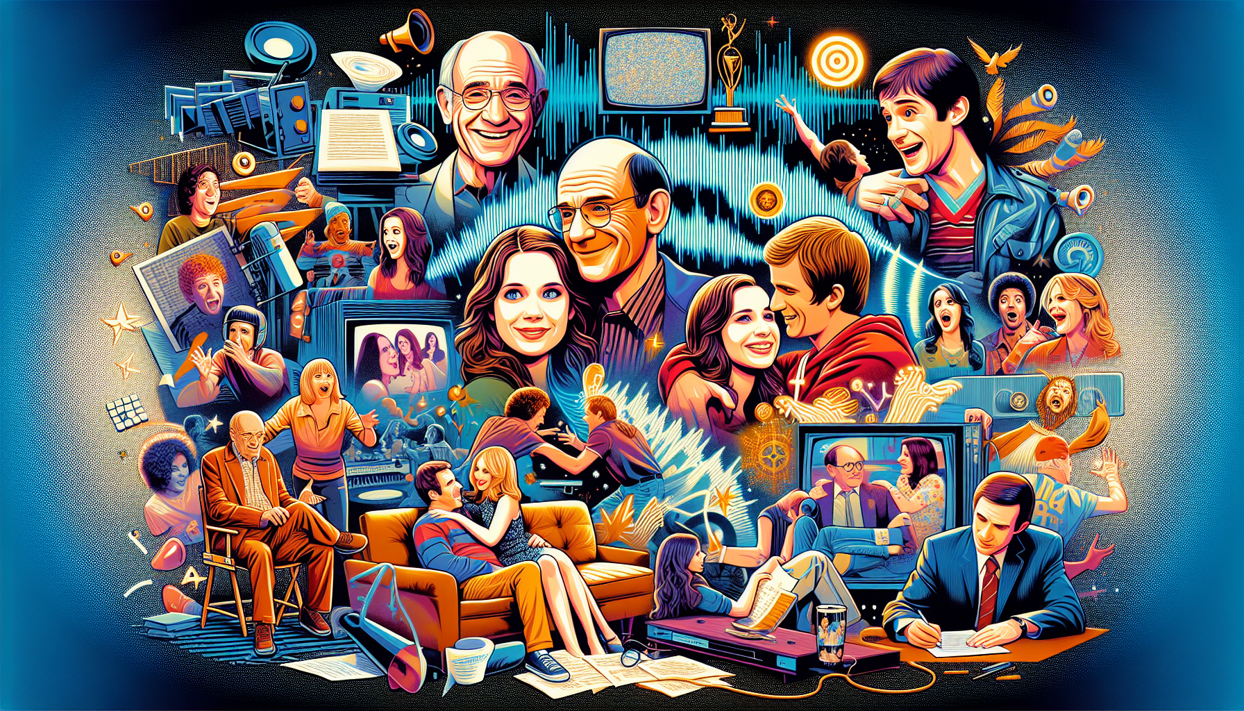 A vibrant, dynamic collage featuring iconic characters and scenes from Chuck Lorre's famous sitcoms, such as 'The Big Bang Theory,' 'Two and a Half Men,' 'Mom,' 'Mike & Molly,' and 'Young Sheldon.' Ea