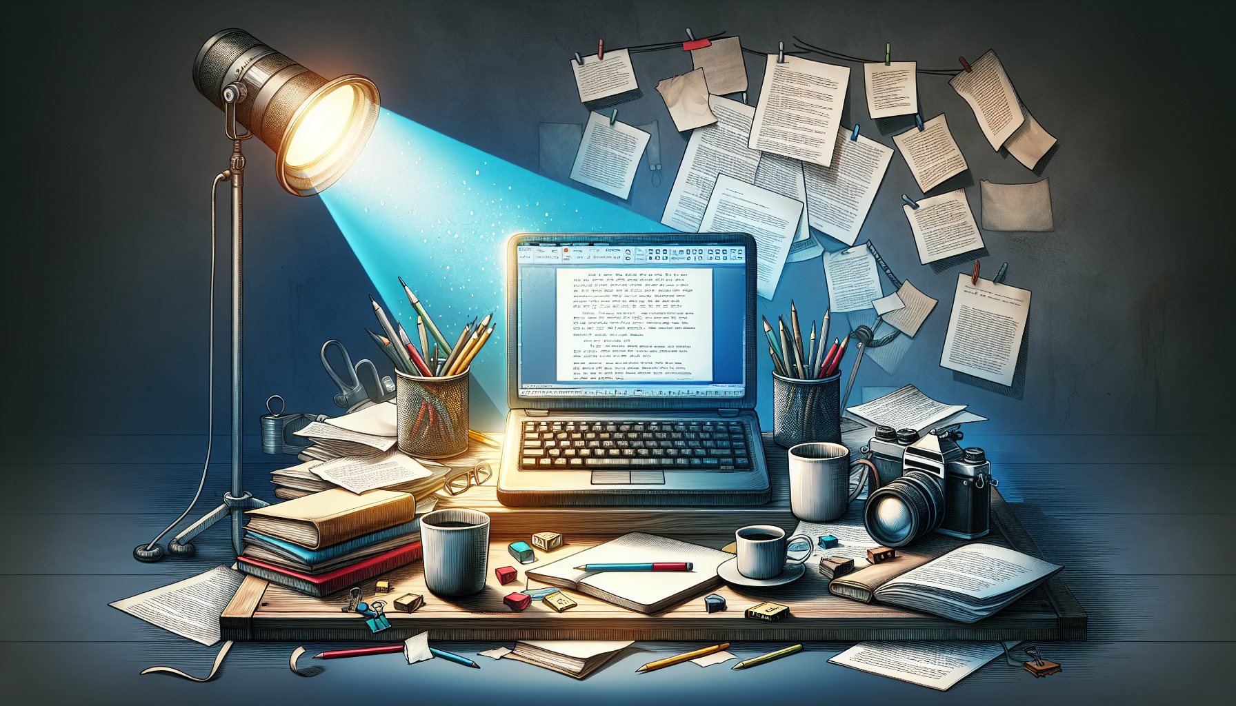 Create an image of a writer's desk where a laptop screen displays an AI software automatically formatting a film script. The scene includes coffee mugs, scattered notes, and a spotlight illuminating t