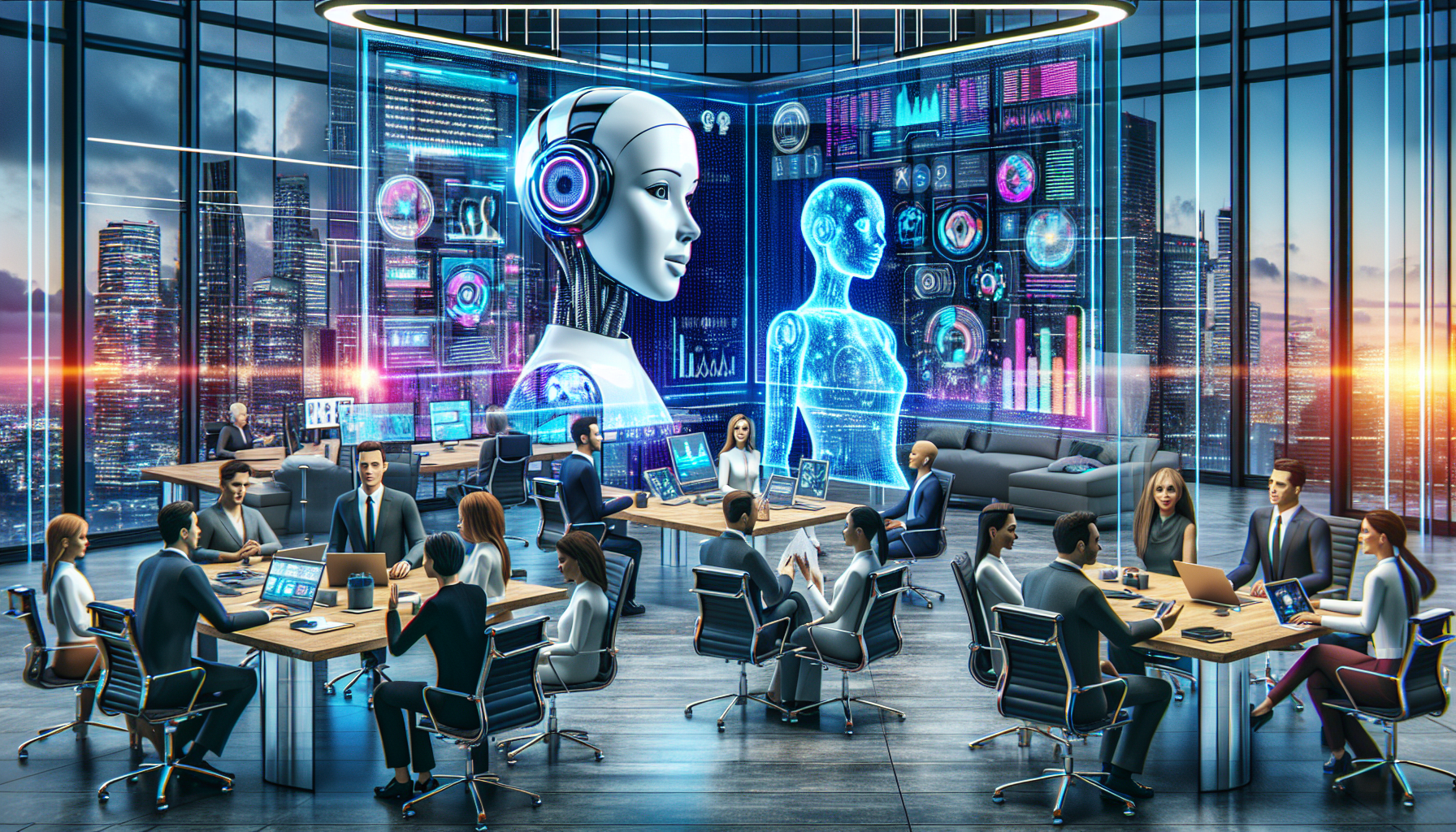 Create an image of a futuristic corporate office setting where a team of professionals collaborates alongside advanced AI holograms. The AI assistants, sleek and modern, appear to be providing input o