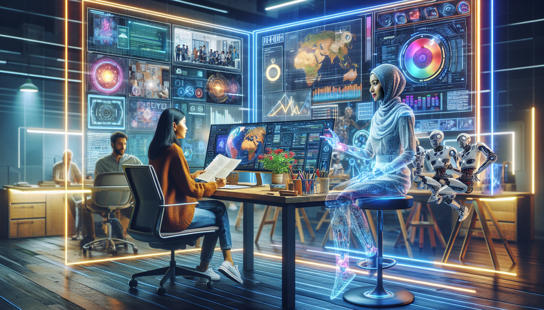 Create an image depicting a futuristic scene in a film studio where a human documentary screenwriter collaborates with an advanced AI assistant. The backdrop includes holographic storyboards, interact