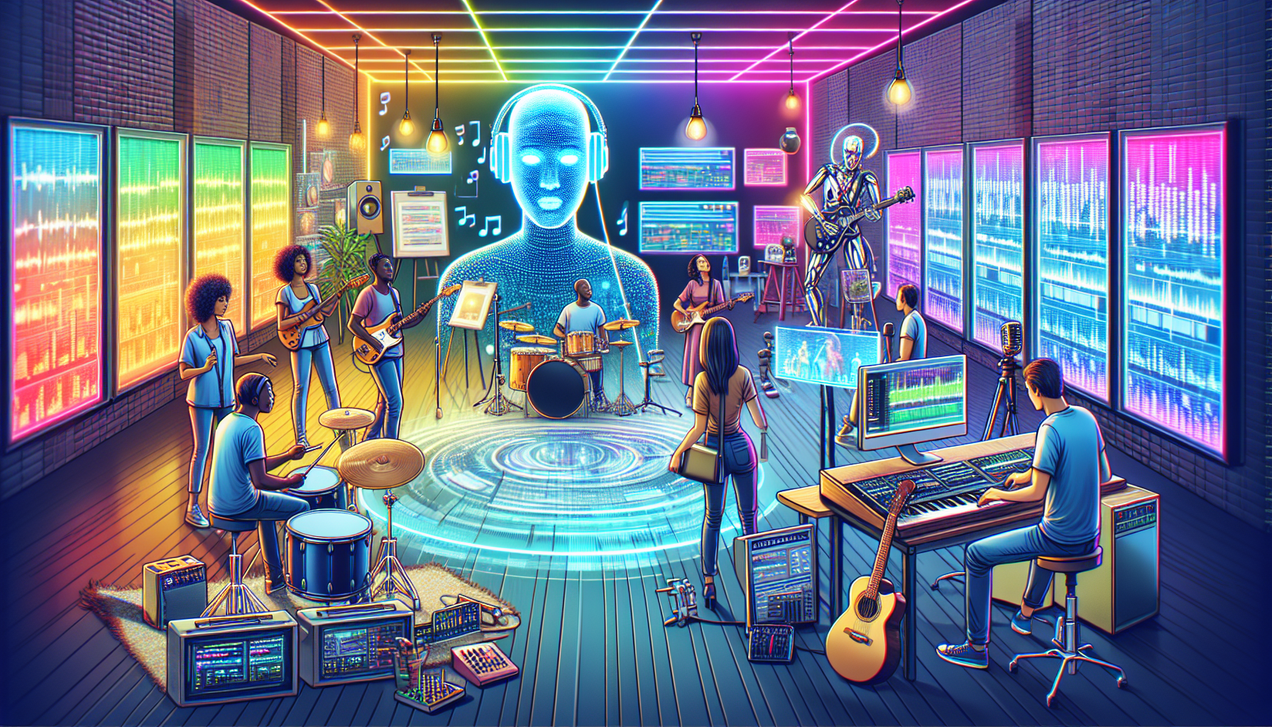 Create an image depicting the fusion of artificial intelligence and music video screenwriting. Show a futuristic music studio where a holographic AI collaborates with human artists. Include elements l