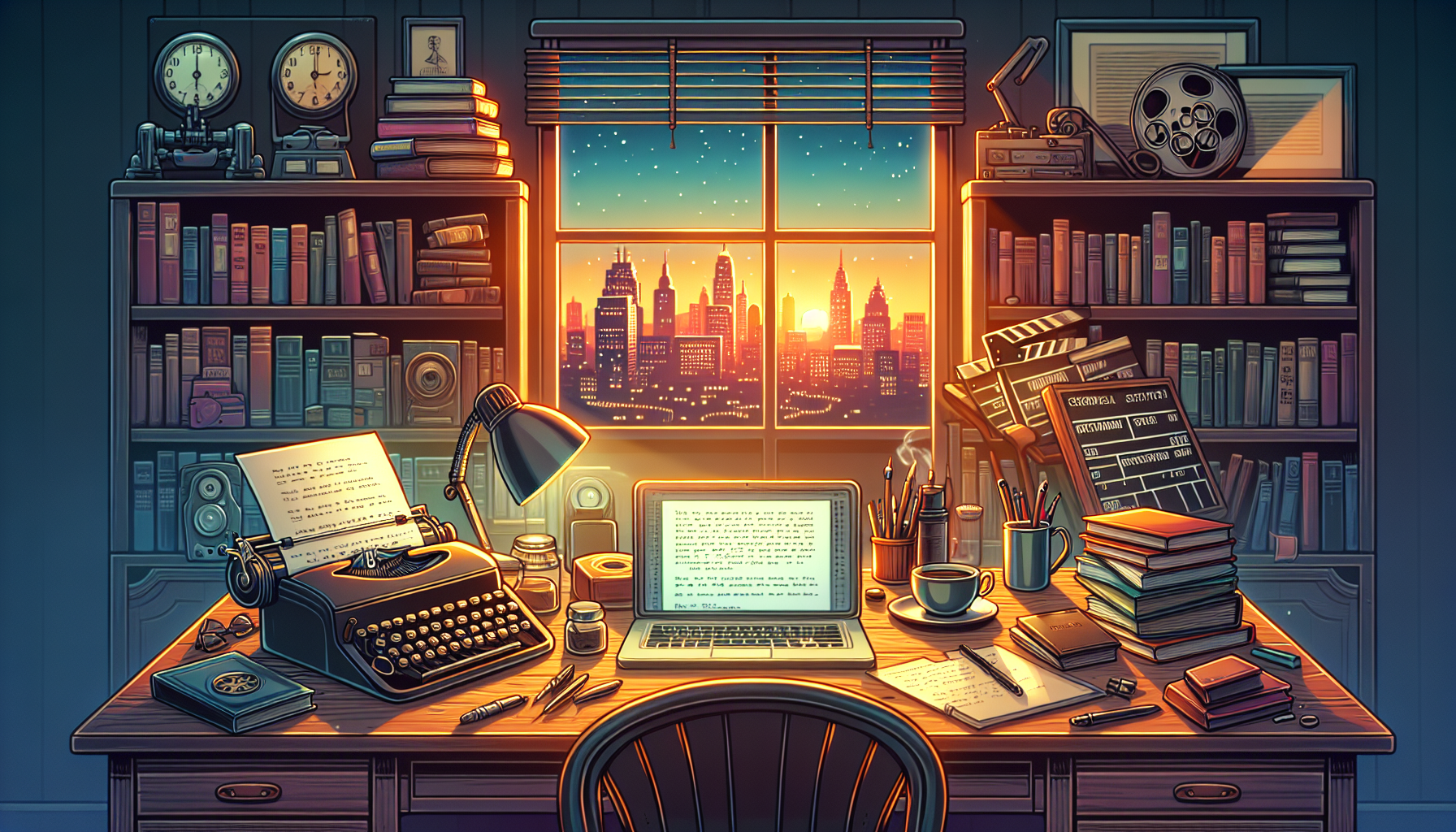 A cozy writer's desk illuminated by soft, warm lighting, filled with stacks of screenplays, notebooks, and a vintage typewriter. The background shows a bookshelf filled with classic movie scripts and