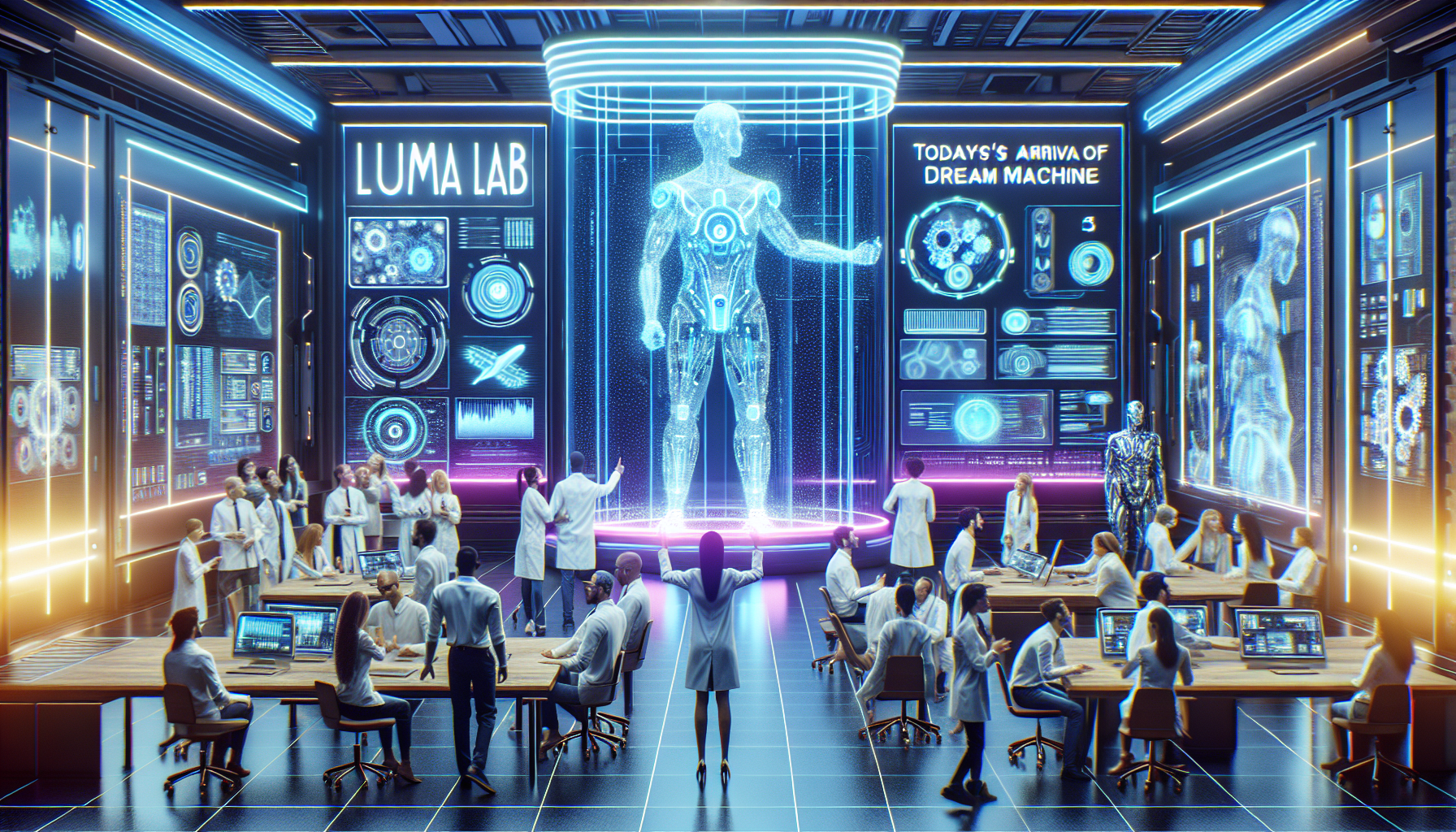 Create a futuristic and vibrant illustration of a sleek, high-tech laboratory called 'Luma Lab,' where scientists and engineers are excitedly unveiling a cutting-edge, glowing 'Dream Machine' AI model