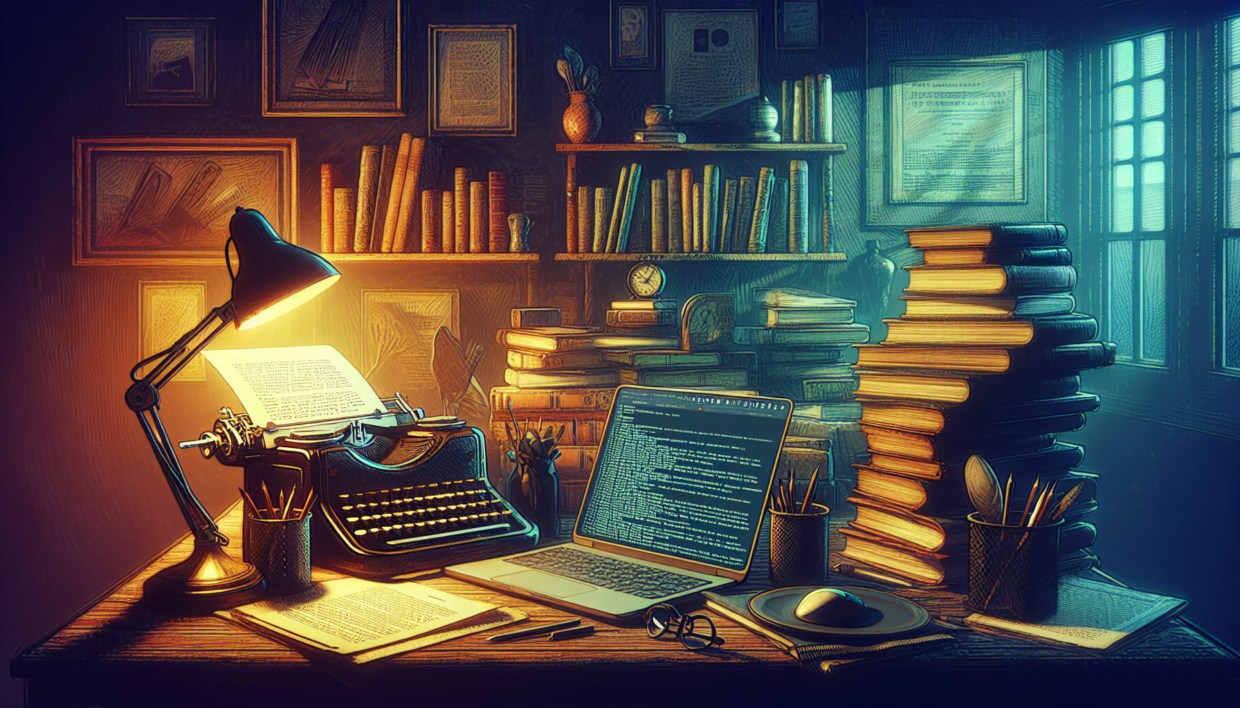 A vintage typewriter and a modern laptop open with screenwriting software, surrounded by classic and contemporary film scripts, glowing under a soft desk lamp in a cozy, book-lined study room, hinting at the bridging of traditional and digital methods in the pursuit of screenwriting.