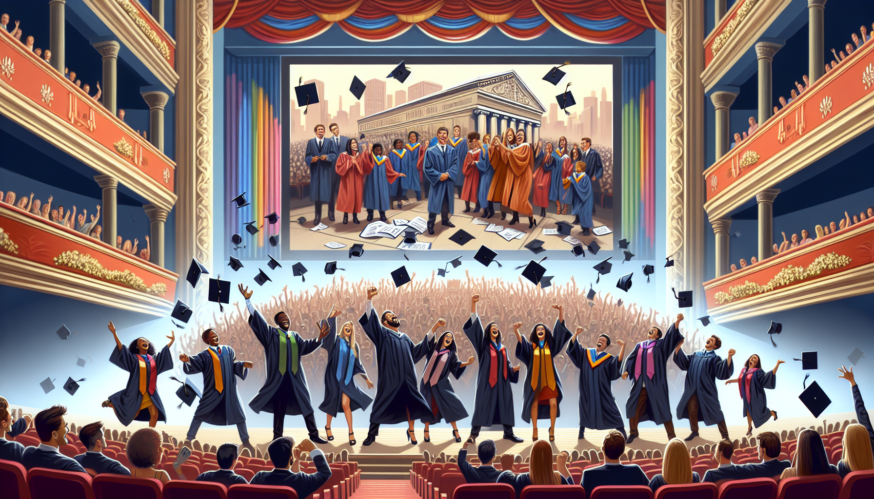 Create an image to represent the title Class Acts: Films Celebrating the Graduation Milestone. Imagine a vibrant, cinematic scene featuring a group of diverse graduates in caps and gowns joyfully toss