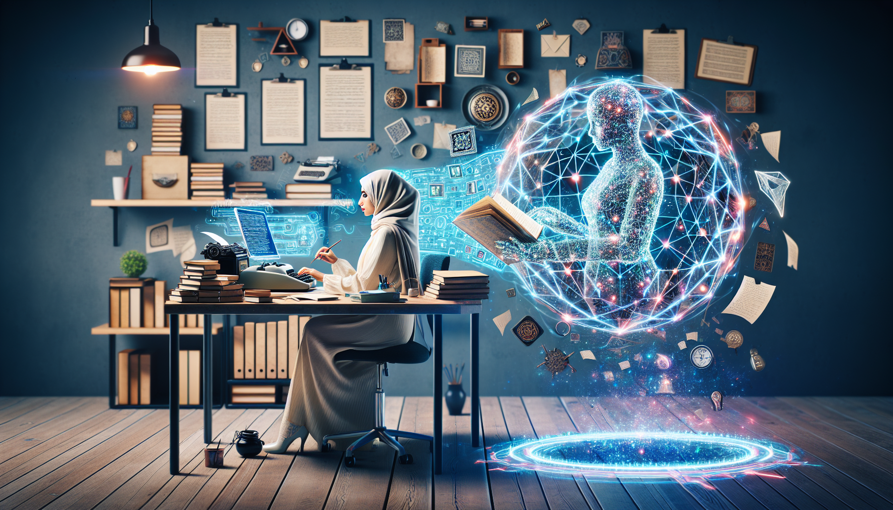 Create an image of a writer sitting at a desk with a futuristic AI hologram assisting them, surrounded by stacks of scripts and storyboards. The background can show a lively creative studio with eleme