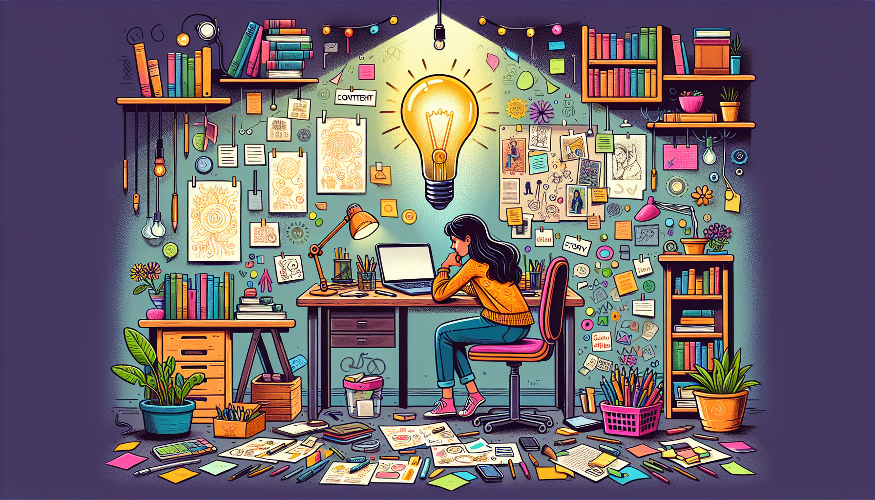 Create an illustration of a person sitting at a desk, surrounded by various creative tools like notebooks, pens, sticky notes, and a laptop. The individual is deep in thought, with a light bulb glowin