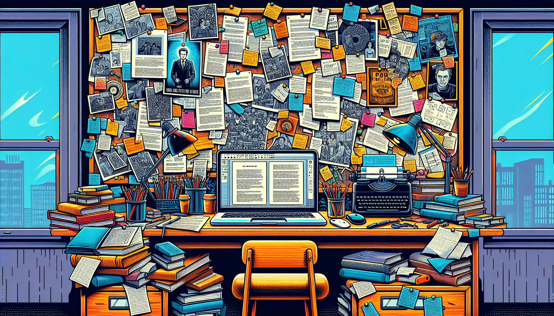 Create a detailed illustration of a writer's desk cluttered with various notes and screenplay drafts. On the desk, there is a laptop displaying a screenplay template, several books on filmmaking, and