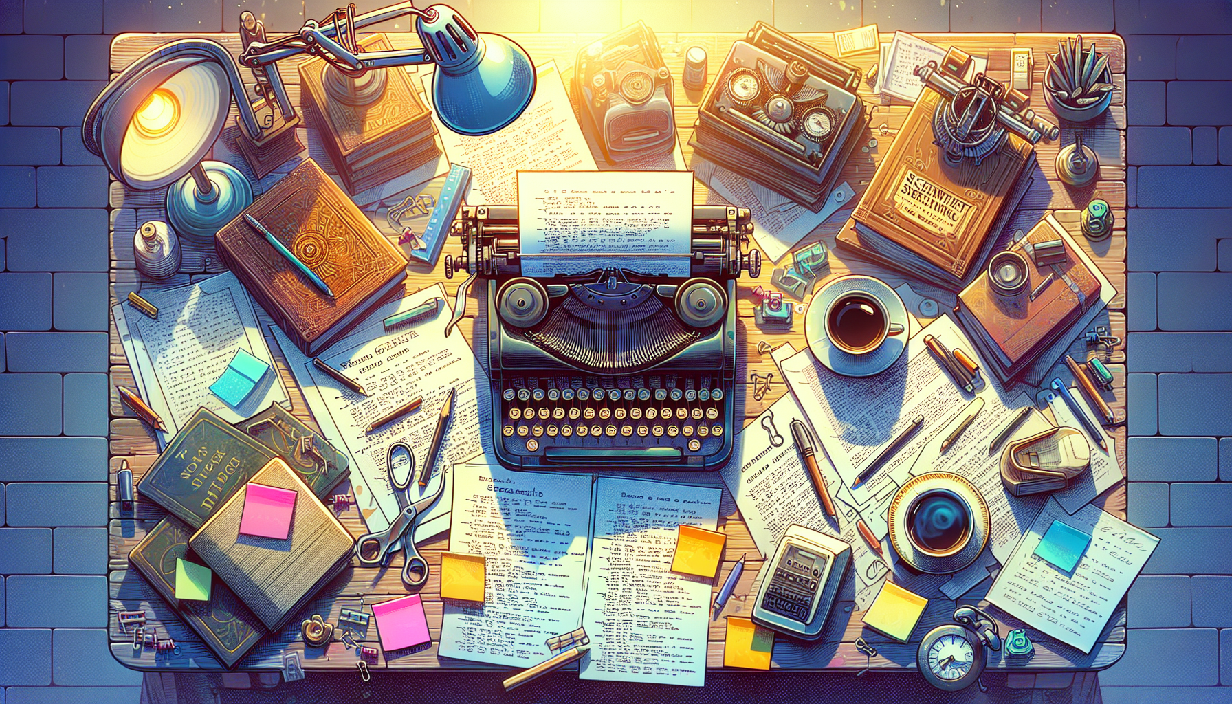 An overhead view of a cozy, well-organized writer’s desk with scattered screenplay pages, a vintage typewriter, a steaming cup of coffee, books on screenwriting, and sticky notes with ideas. The backg