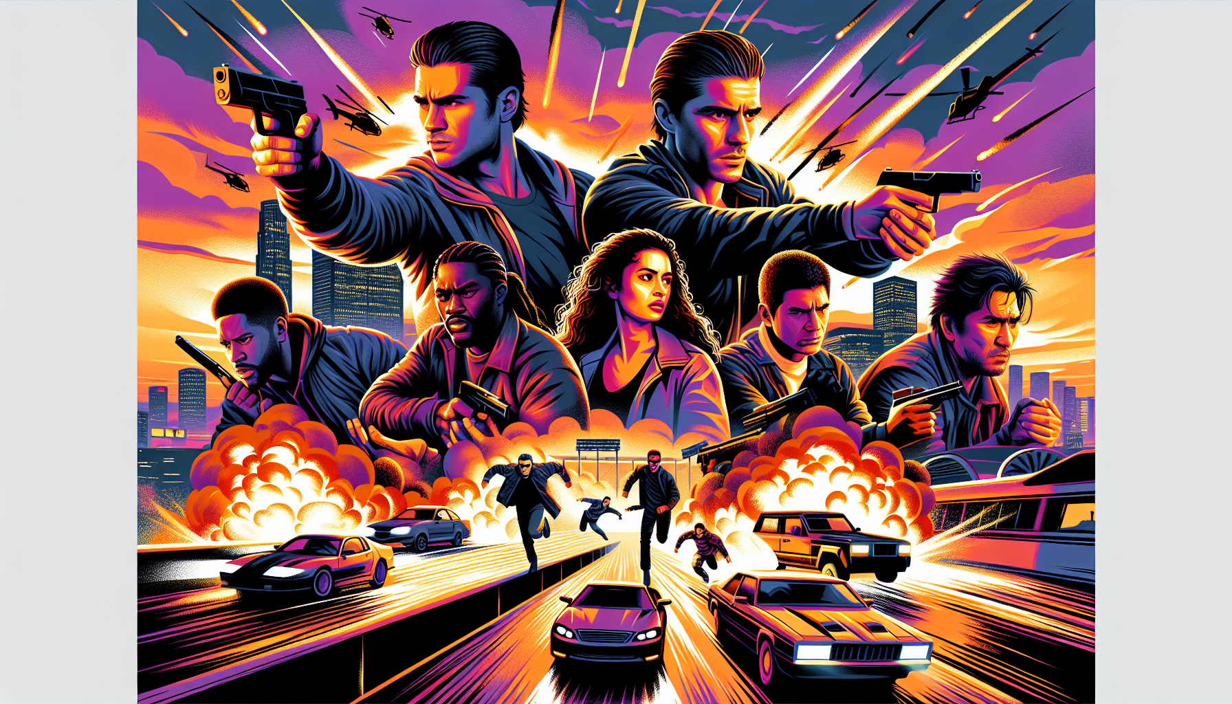 Create a dynamic and thrilling movie scene with a diverse group of action heroes in intense, high-stakes situations, including explosive car chases, dramatic hand-to-hand combat, and a heart-pounding